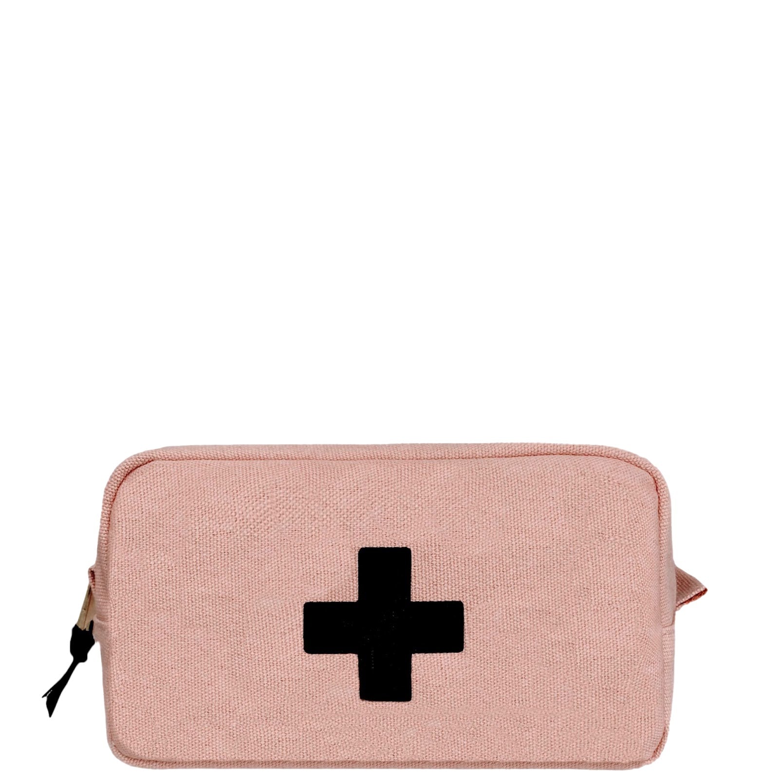Bag-all First Aid Organizing Pouch in blush pink cotton with black cross emblem, zipper closure and laminated interior, perfect for organizing medical essentials