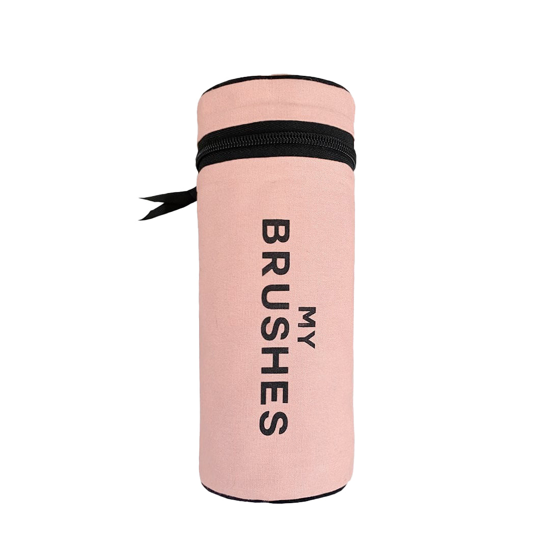 Bag-all My Brushes pink cotton organizer case with black zipper for makeup brush storage and travel, perfect for keeping cosmetic tools organized