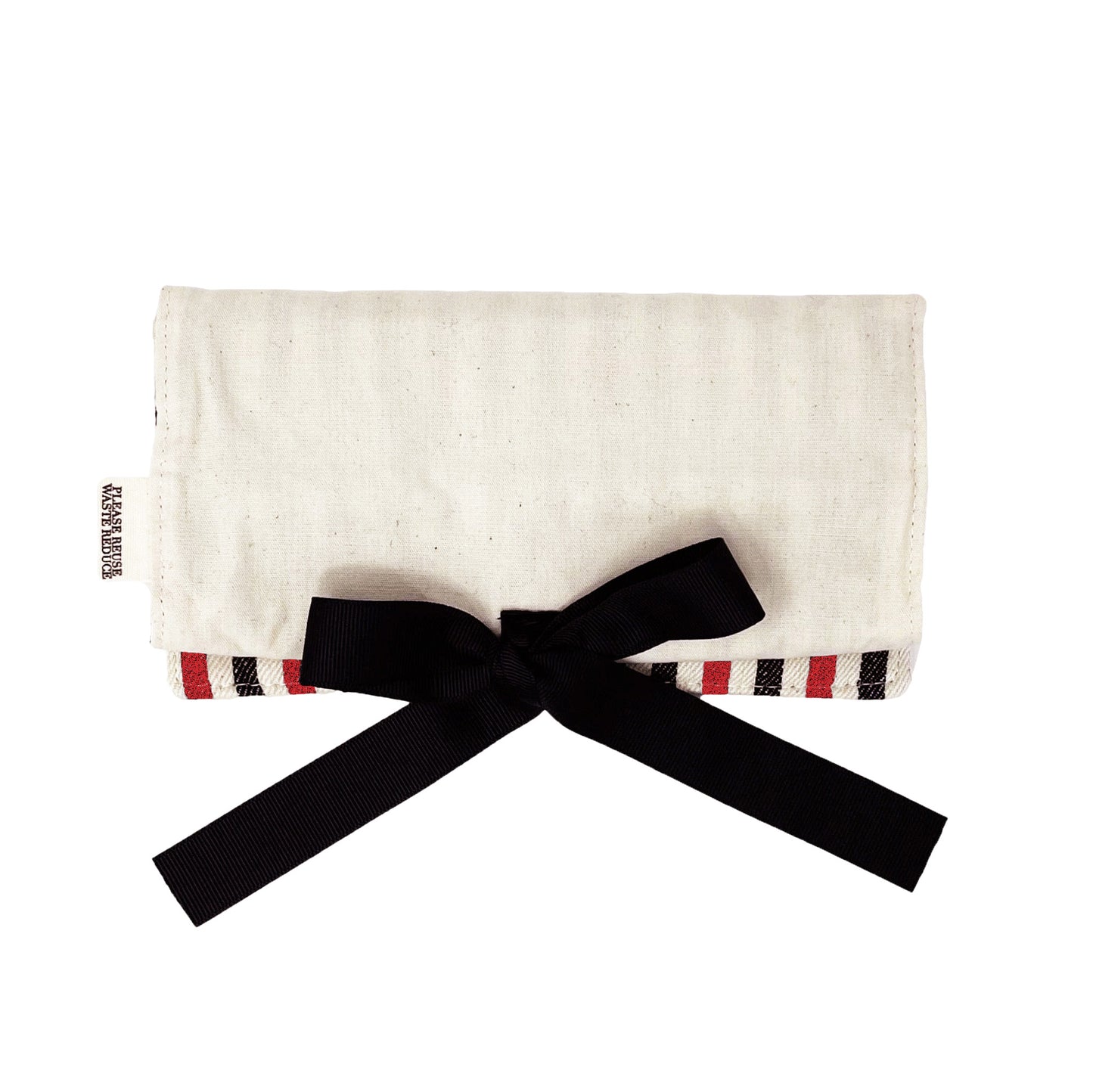 Bag-all Jewelry Organizer Travel Pouch in cream with black bow, featuring blue-red-white interior and multiple compartments for elegant jewelry storage and organization