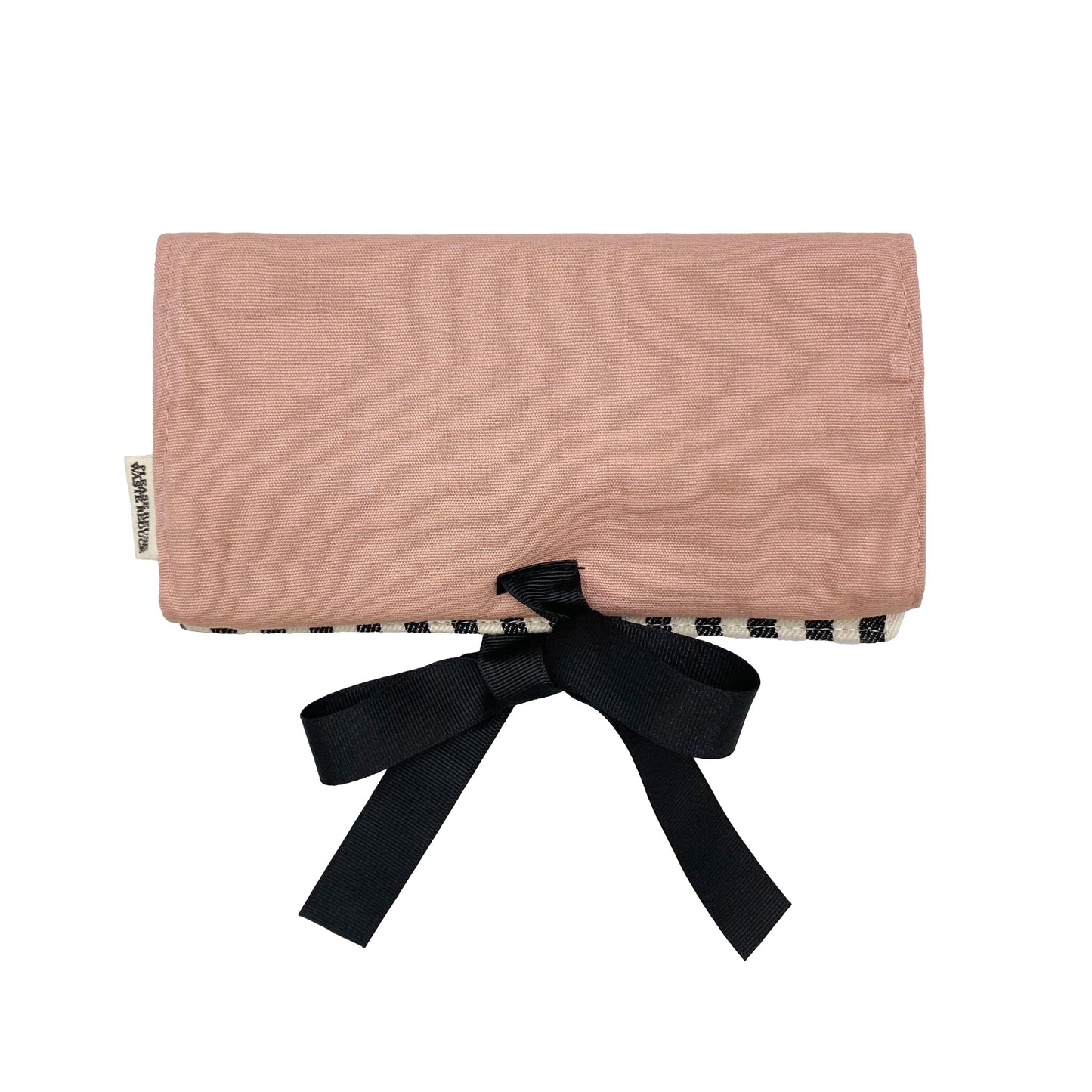 Bag-all Pink Jewelry Organizer Travel Pouch with black bow, striped interior, featuring three compartments, leather earring holder and ring storage, perfect for travel organization