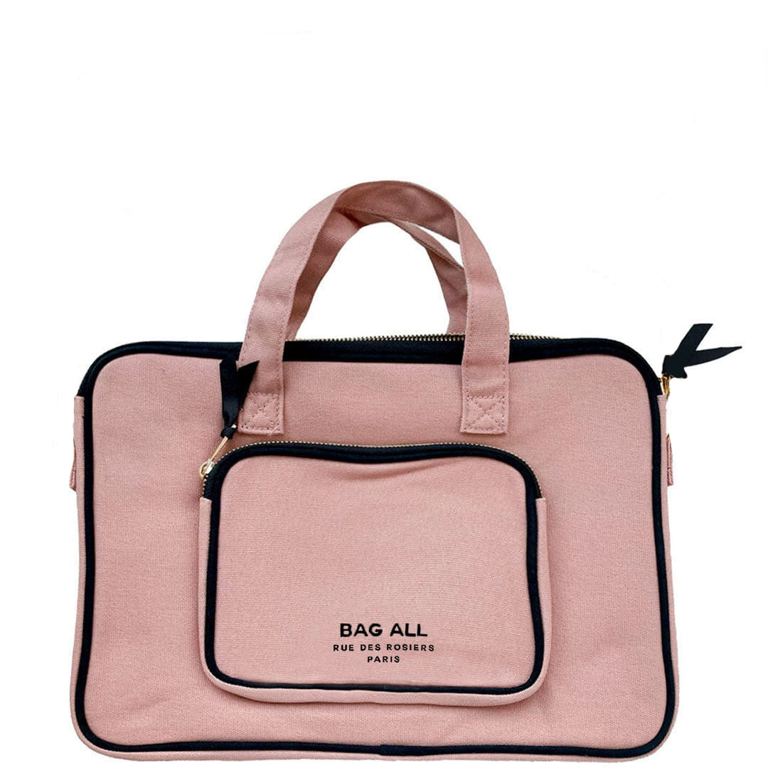 Bag-all 13" Laptop Case in blush pink cotton with charger pocket, protective padding and handles - stylish tech accessory for work and travel