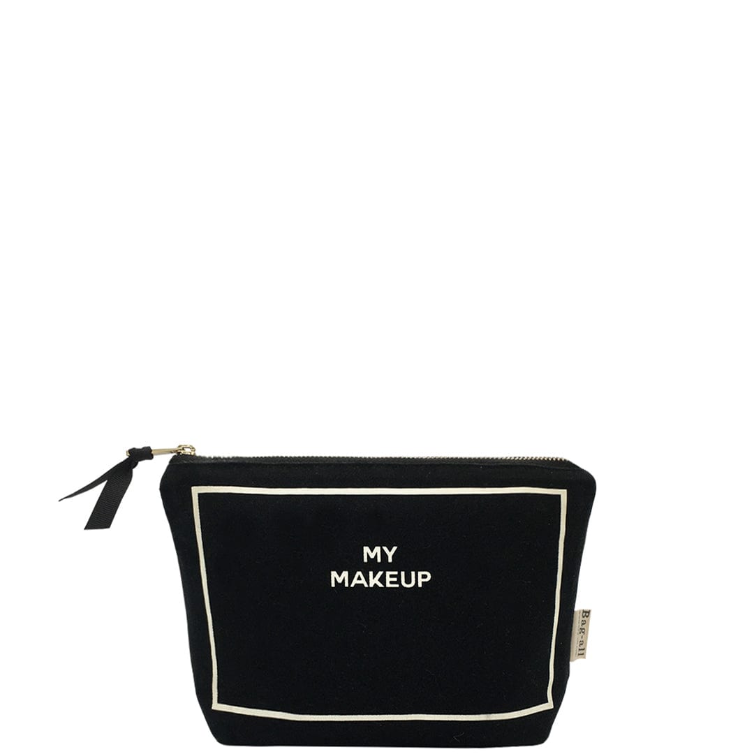 Bag-all My Makeup black cotton organizer case with white border and text, perfect for cosmetics storage and travel organization