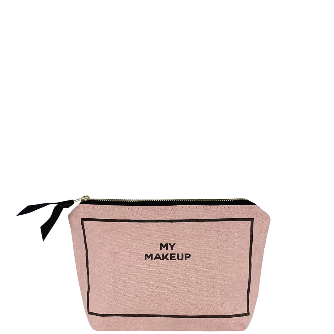 Bag-all My Makeup cotton canvas organizer pouch in blush pink with black trim and zipper, perfect for cosmetics storage and travel