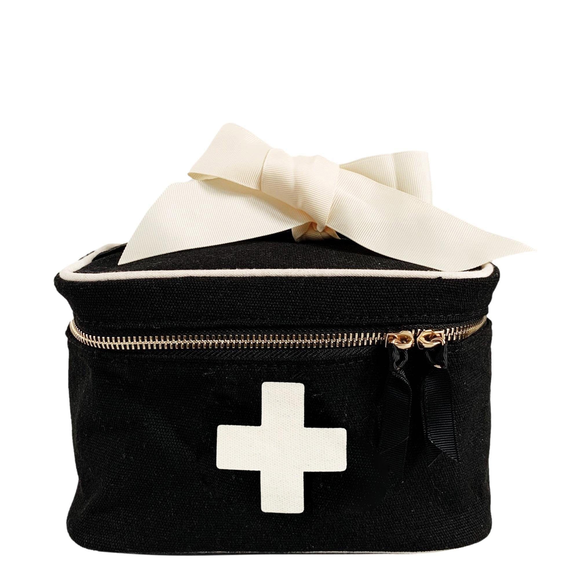 Bag-all Black First Aid Storage Box with white medical cross, cream ribbon, dual metal zippers and carrying handle for organized medicine and travel storage