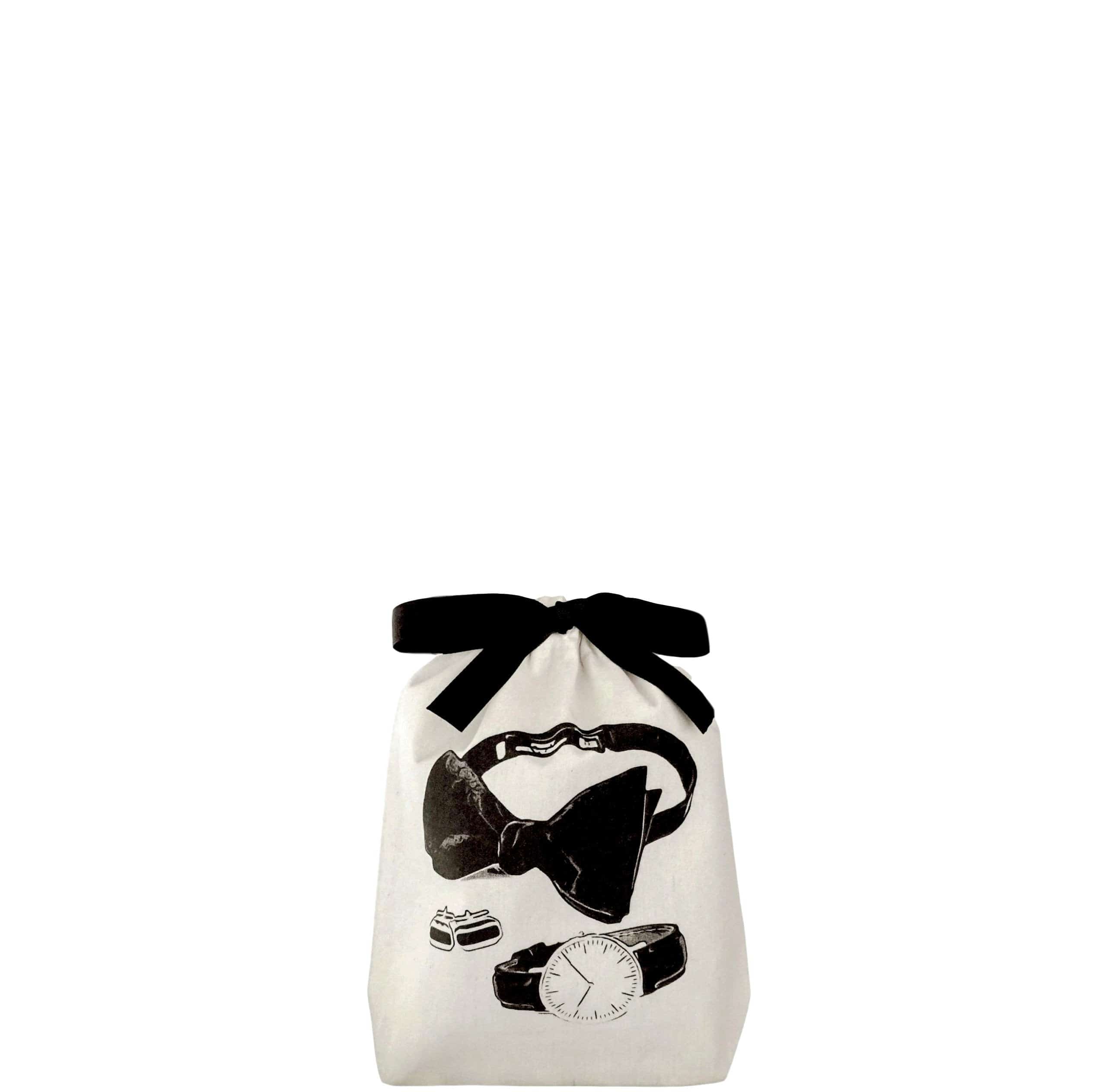 Bag-all Men's Travel Set 3-pack in cream with stylish bow tie, watch, and cufflink illustrations, featuring black ribbon closure
