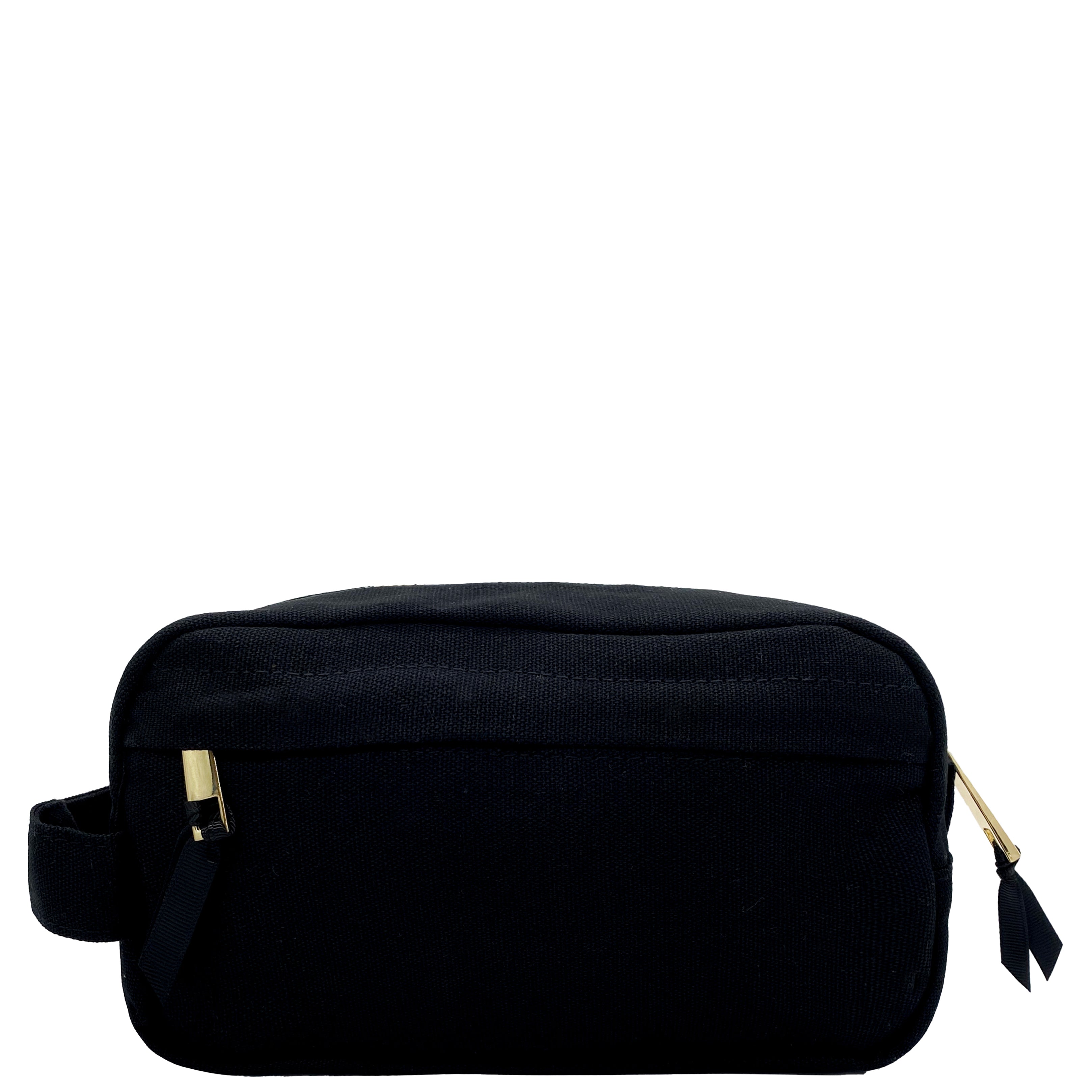 Bag-all Black Toiletry Pouch with Zipper featuring water-resistant interior, compact design, and convenient back zip pocket for organizing travel essentials in style