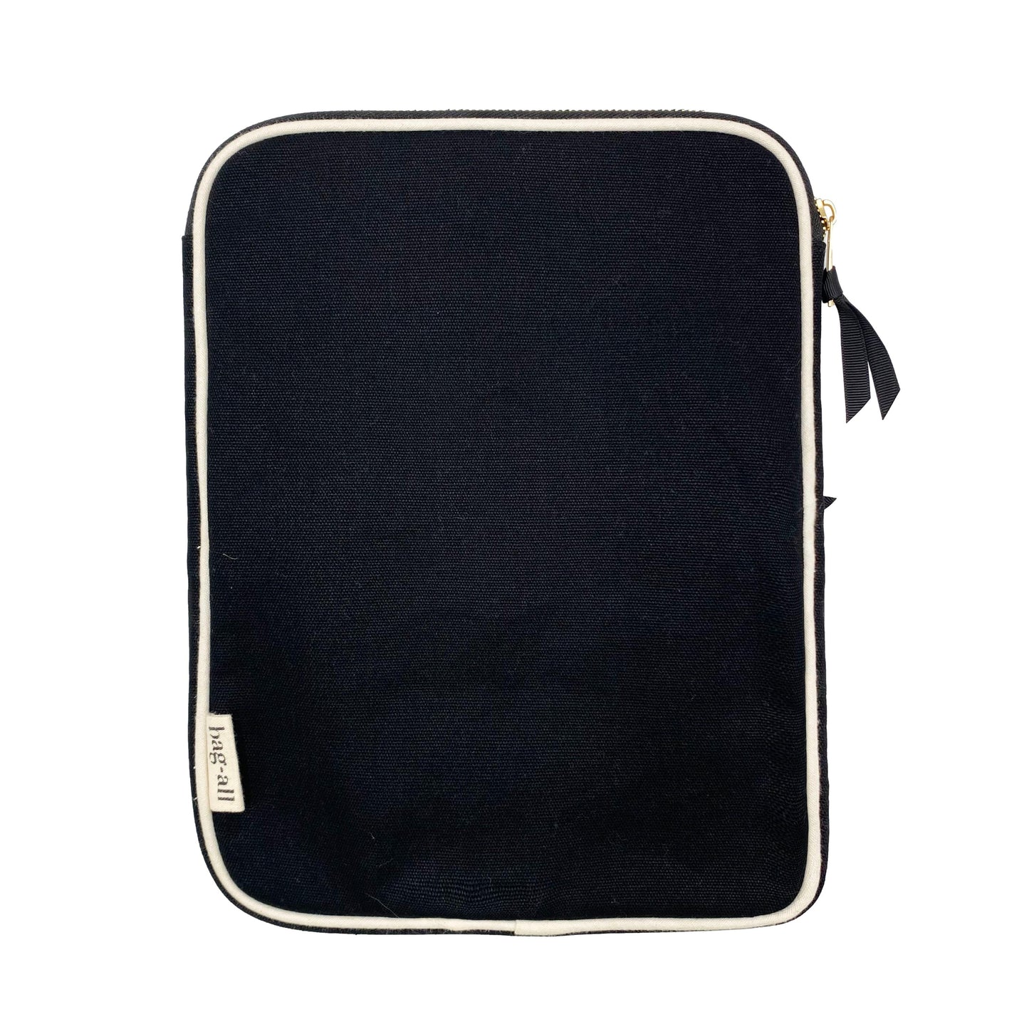 Bag-all Tablet Case 11" in black with charger pocket, featuring white trim, metal zipper, and protective padding for secure device storage