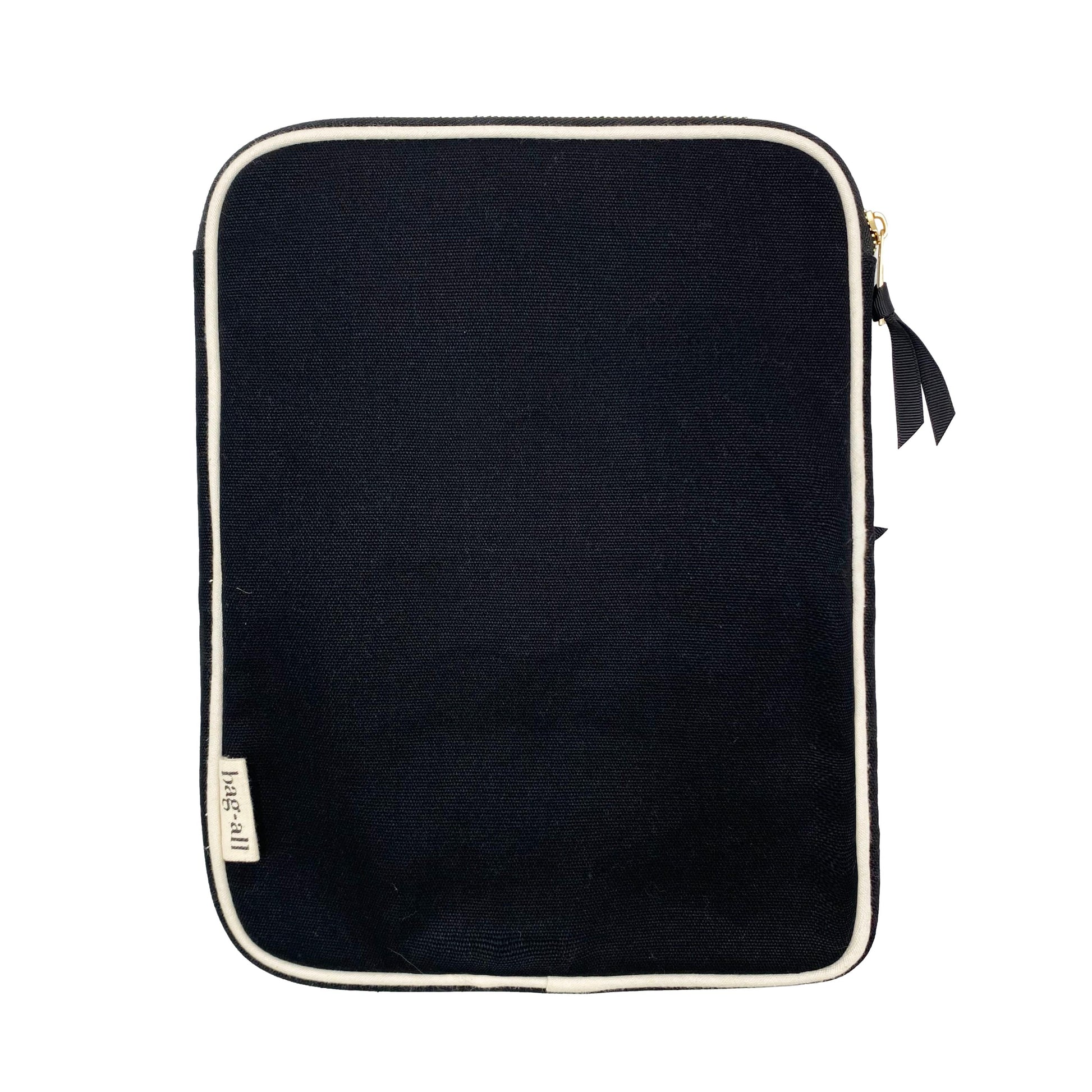 Bag-all Tablet Case 11" in black with charger pocket, featuring white trim, metal zipper, and protective padding for secure device storage