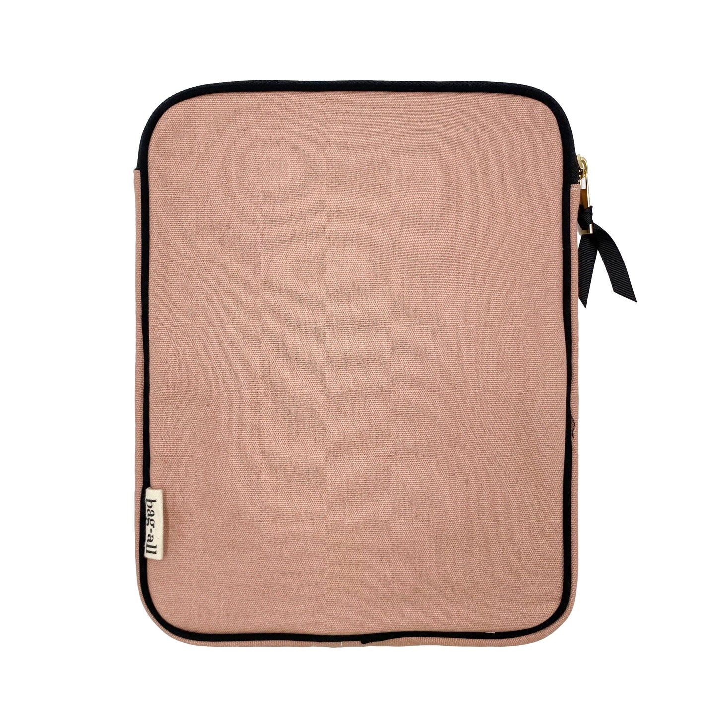 Bag-all Tablet Case 11" in blush pink cotton with black trim, featuring front charger pocket and padded protection, perfect for stylish device organization