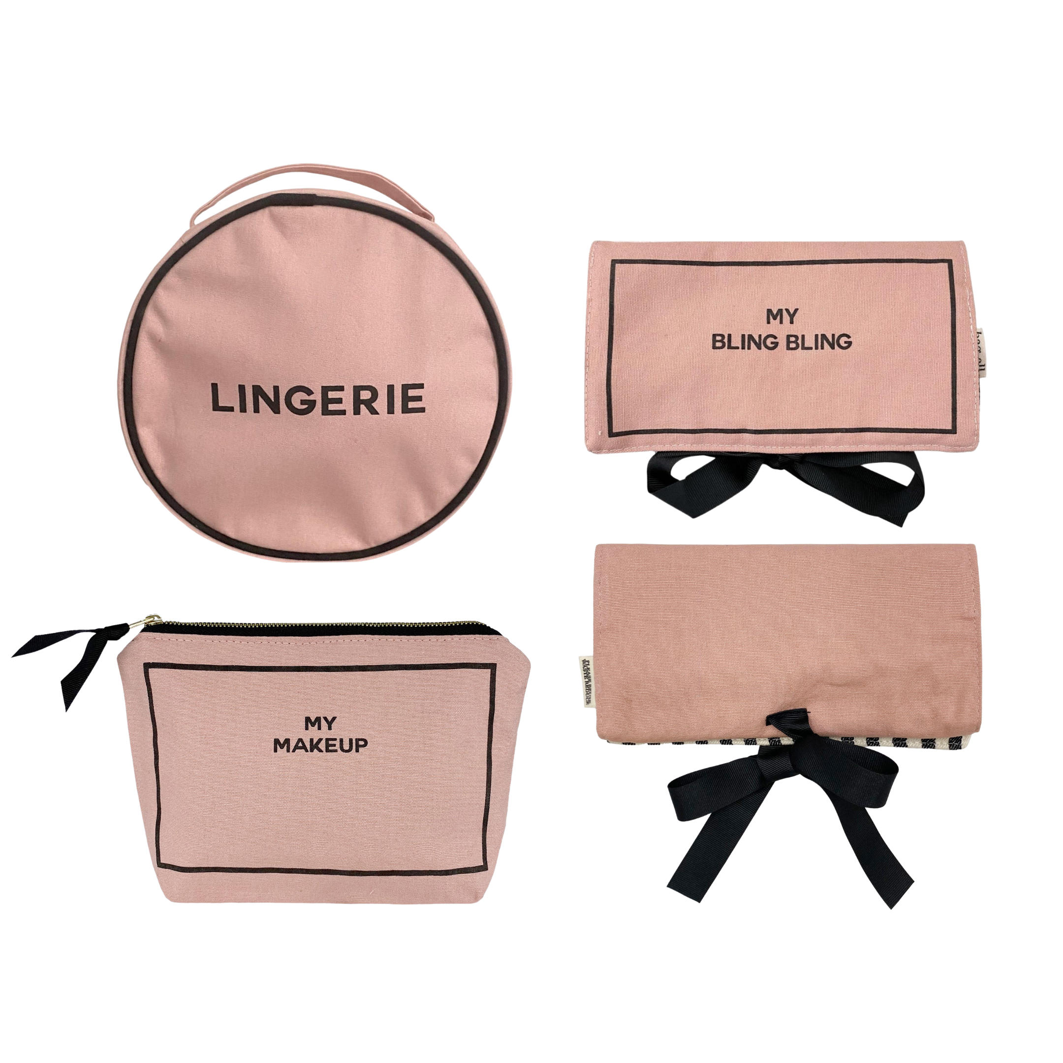 Bag-all Deal Gift Set for Her featuring pink cotton organizer cases with black text: round lingerie case, makeup pouch, and jewelry case with bow details and striped interior lining