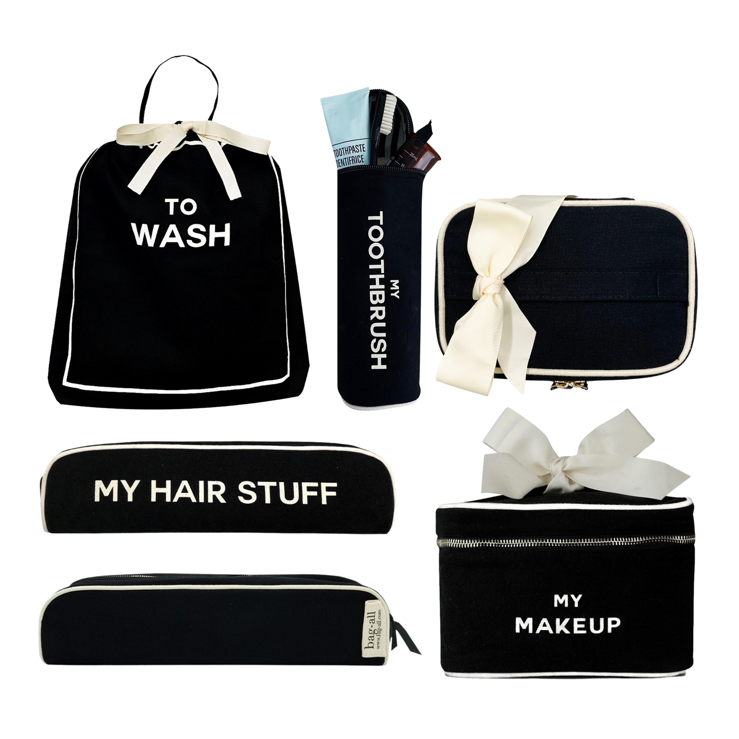 Bag-all Deal Gift Set featuring black cotton travel organizers: To Wash laundry bag, Hairstuff case, Toothbrush holder, and Makeup box with white bows and striped lining