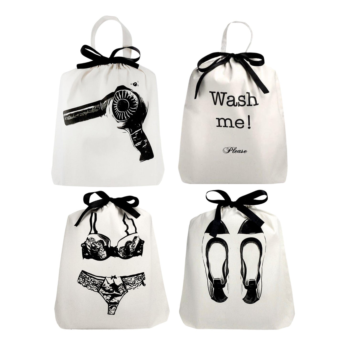 Bag-all Women's Travel Set 4-pack in cream featuring organized storage bags for hairdryer, laundry, lingerie, and ballet flats, each decorated with black graphic prints and ribbon ties