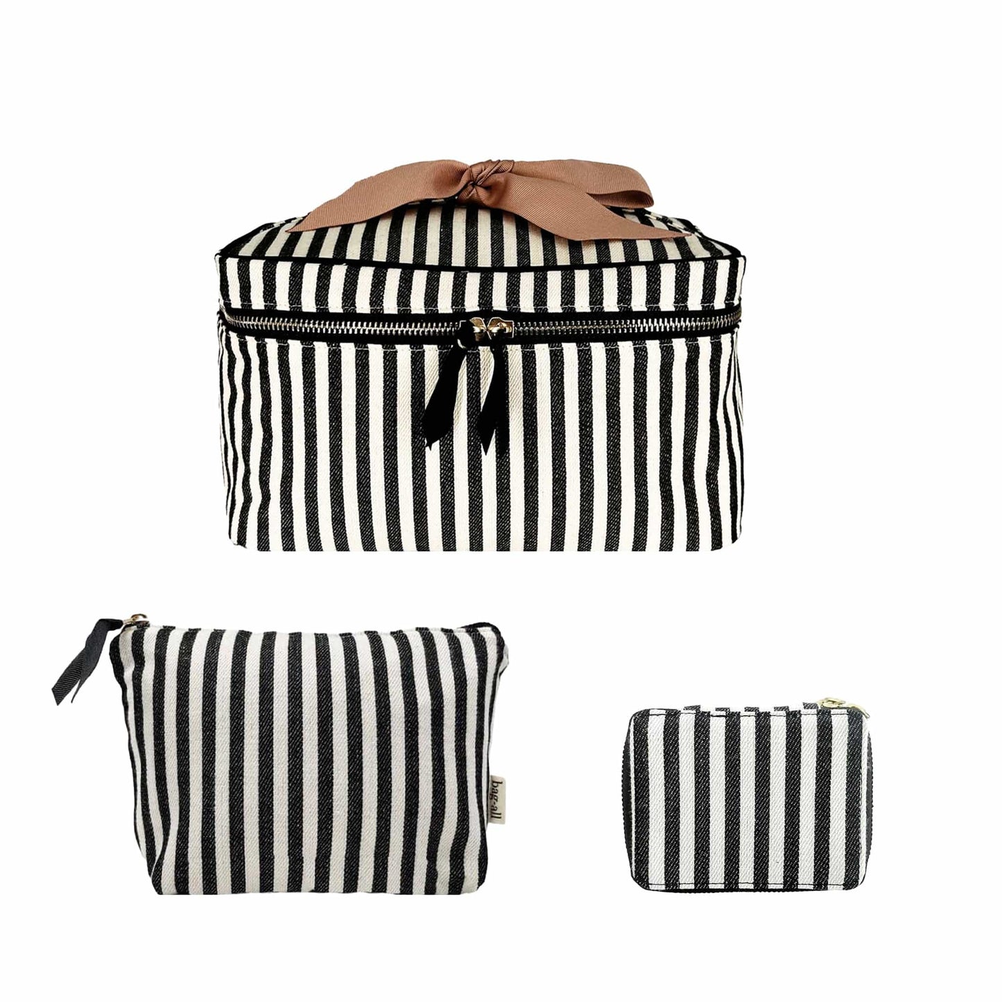 Bag-all Cutest Striped Travel Gift Set featuring black and white striped cotton toiletry bag, makeup pouch, and pill case with brown bow accent, perfect for stylish travel organization