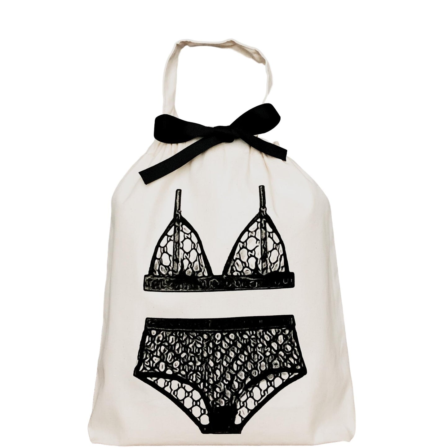 Bag-all London Lingerie Travel Bag in cream cotton with black lace lingerie print and bow detail, perfect for organizing delicate underwear during travel