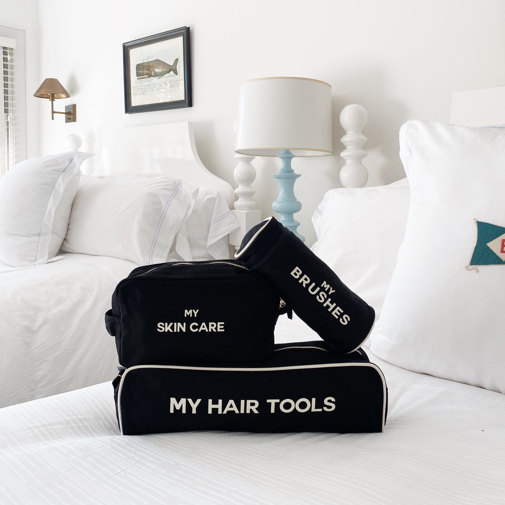 Bag-all Black Pamper Gift Set 3-Pack featuring cotton organizer cases for hair tools, brushes, and skincare, perfect for travel and home organization