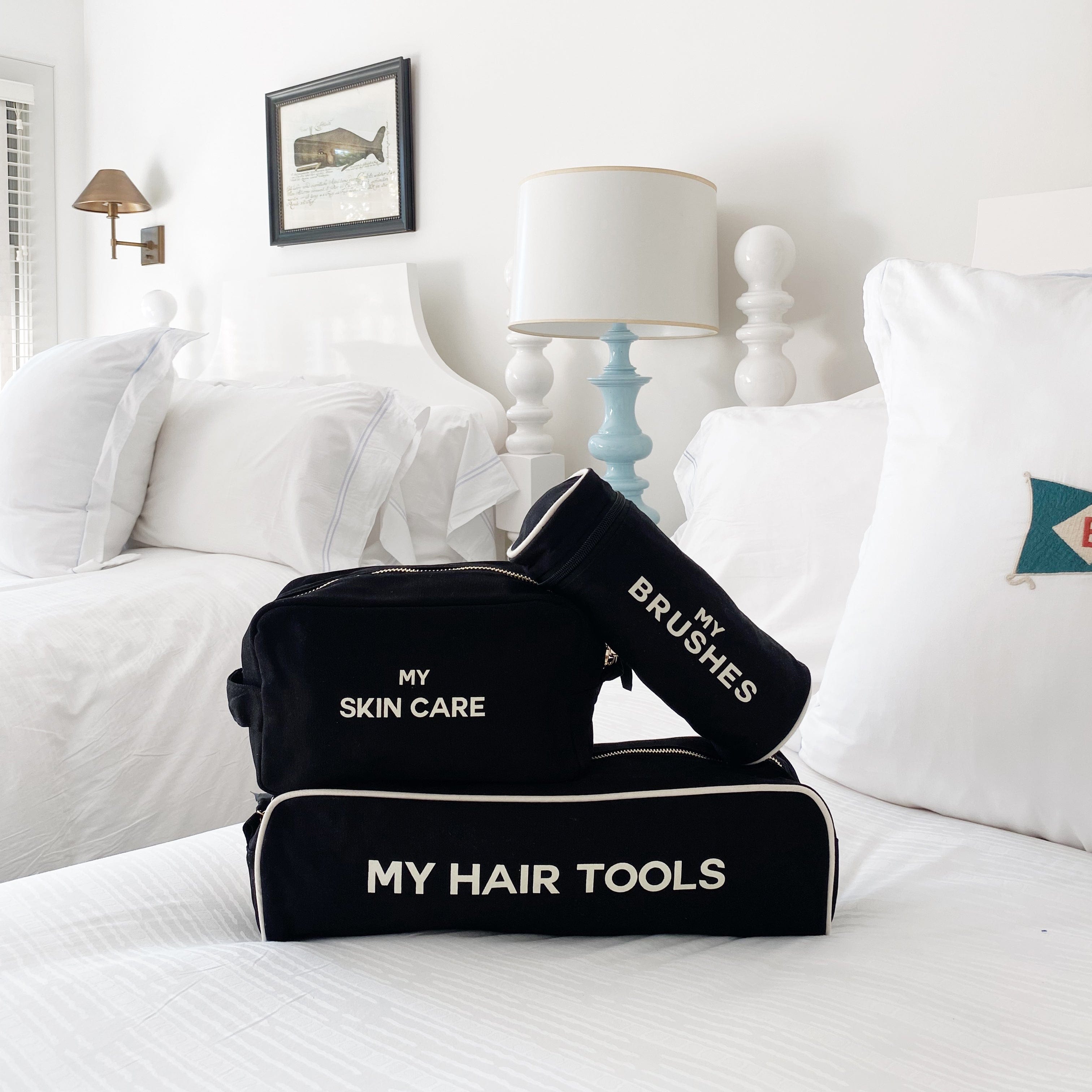 Bag-all Black Pamper Gift Set 3-Pack featuring cotton organizer cases for hair tools, brushes, and skincare, perfect for travel and home organization