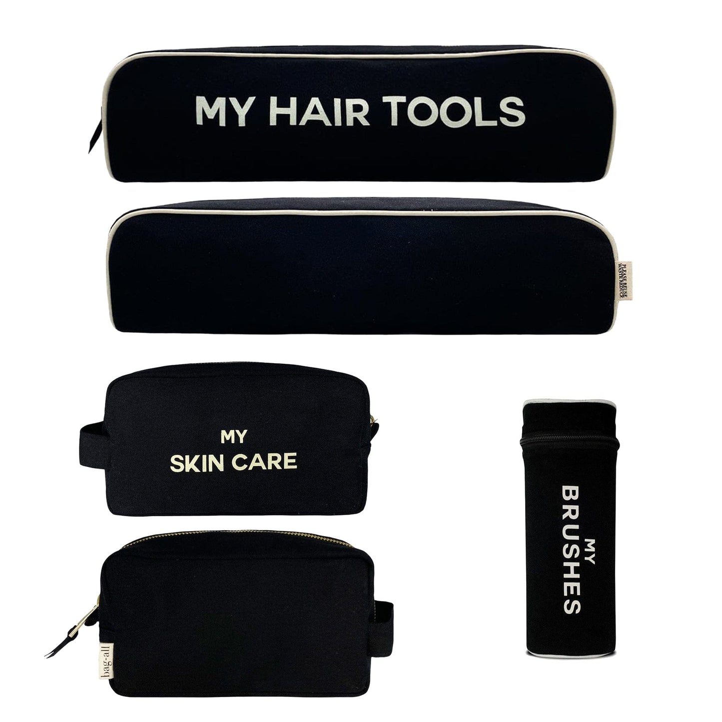 Bag-all Black Pamper Gift Set 3-Pack featuring hair tools case, brushes holder, and skincare pouch with white text and piping, arranged on white background