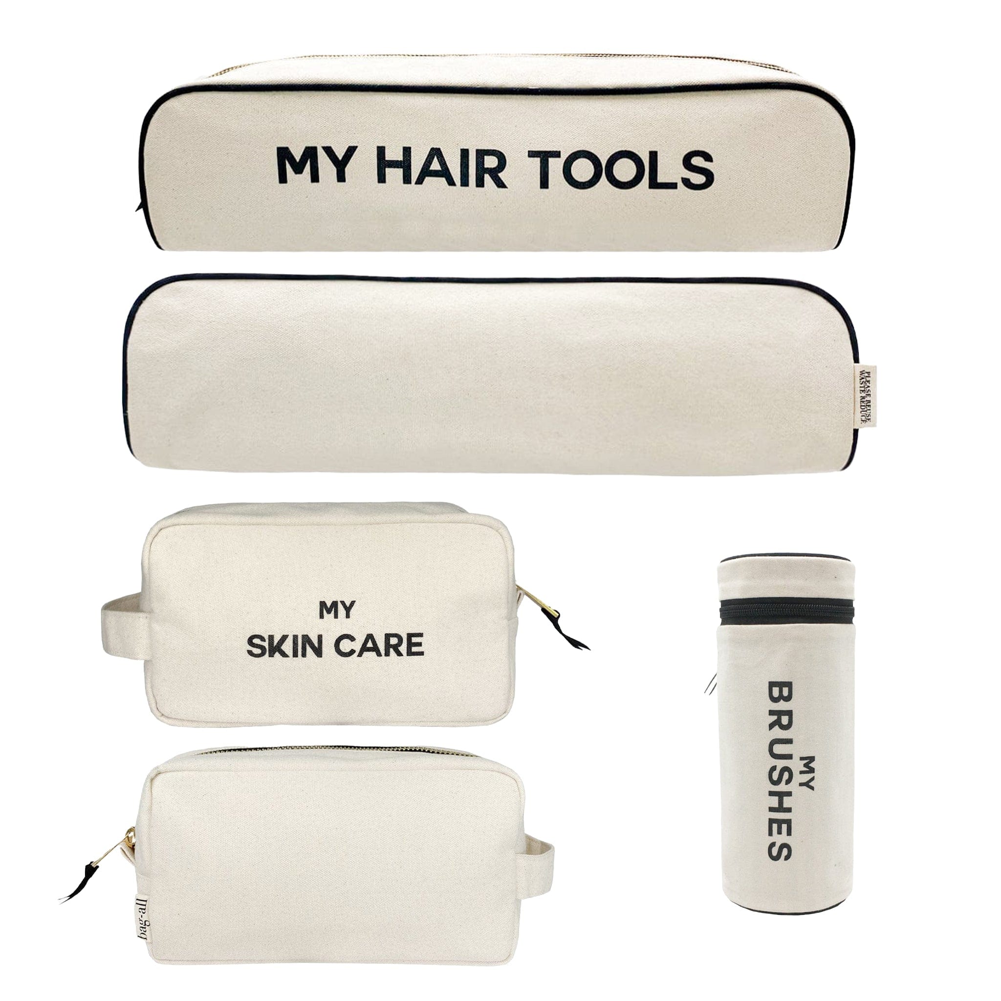 Bag-all Pamper Gift Set 3-Pack Cream featuring stylish cotton organizers: Hair Tools Case, Brushes holder, and Skin Care Pouch in natural cream with black text labeling