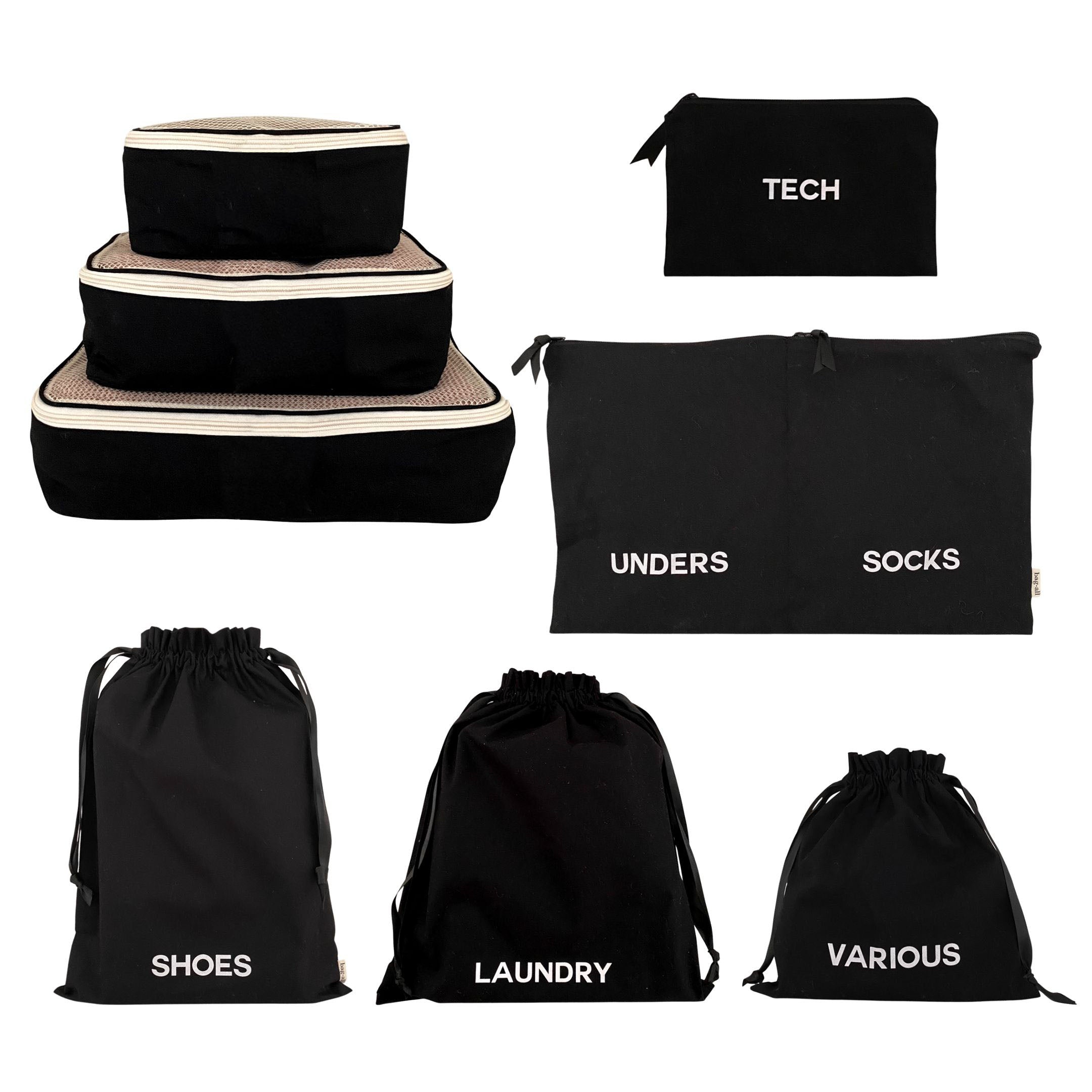 Bag-all Black Travel Organizer Set featuring packing cubes, labeled drawstring bags for shoes, laundry, tech accessories and socks, perfect for organized travel and storage solutions