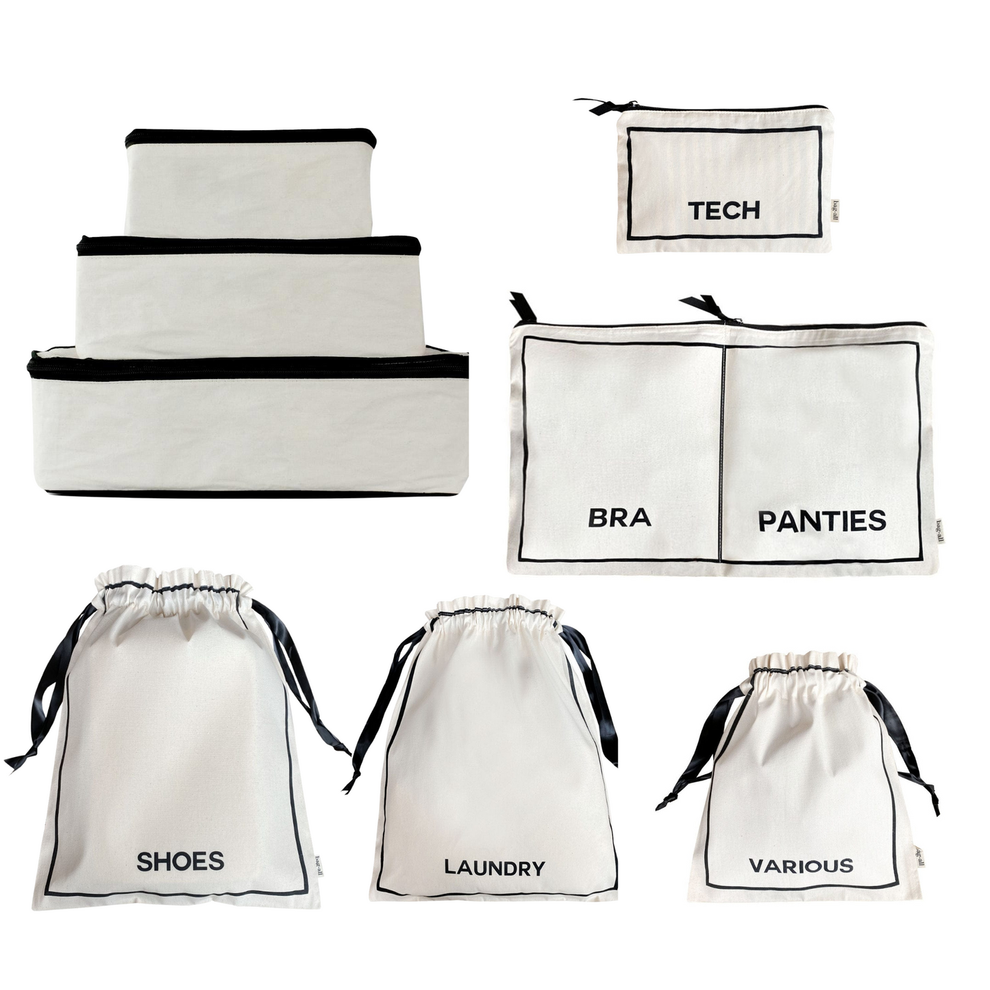 Bag-all travel organizer set featuring labeled cotton pouches for tech, bra, panties, shoes, laundry and various items, plus three stackable rectangular cases with black trim