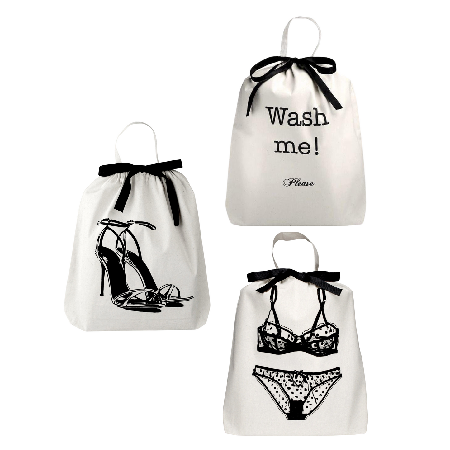 Bag-all Deal Gift Set Her Favorites featuring white cotton organizing bags with black ribbon - laundry bag, shoe bag, and lingerie bag with stylish prints