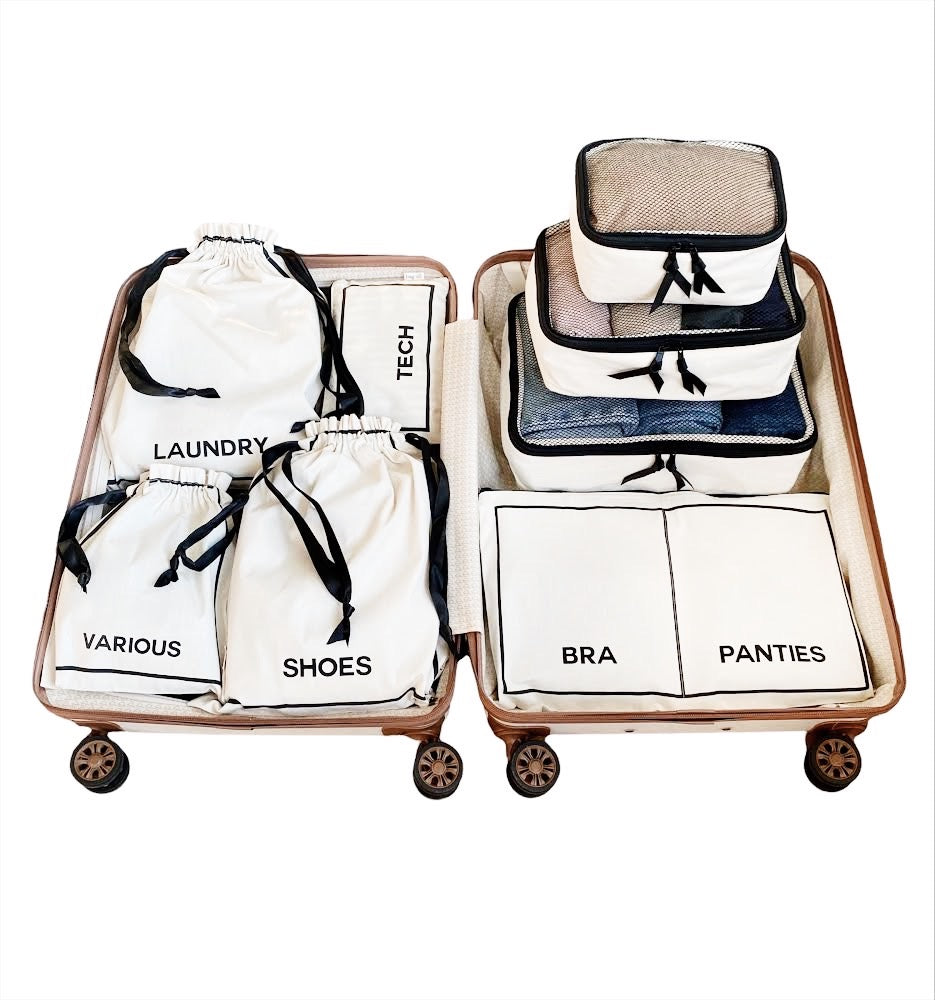 Bag-all travel organizer set featuring labeled cotton pouches for laundry, tech, shoes, and undergarments, neatly arranged in an open suitcase with vintage-style wheels
