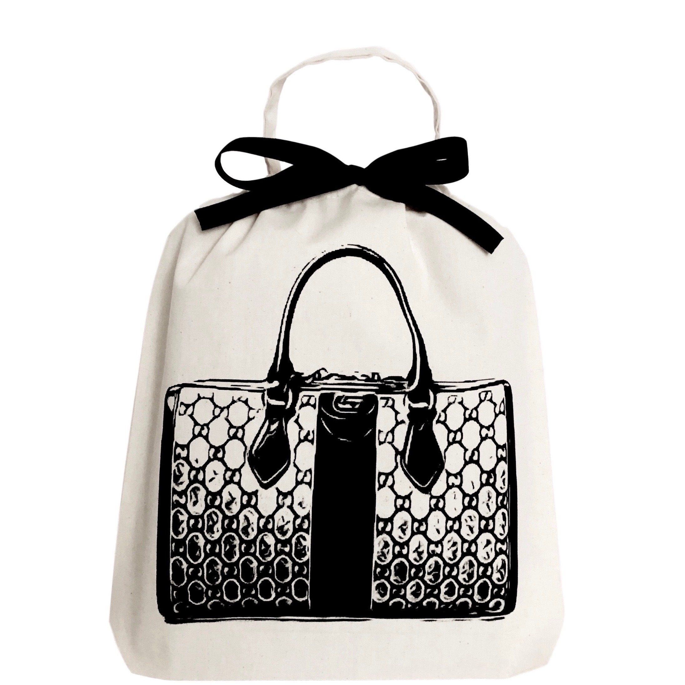 Bag-all Vintage Handbag Travel Bag in cream cotton with black geometric designer bag print and elegant bow, perfect for protecting luxury purses while traveling or storage