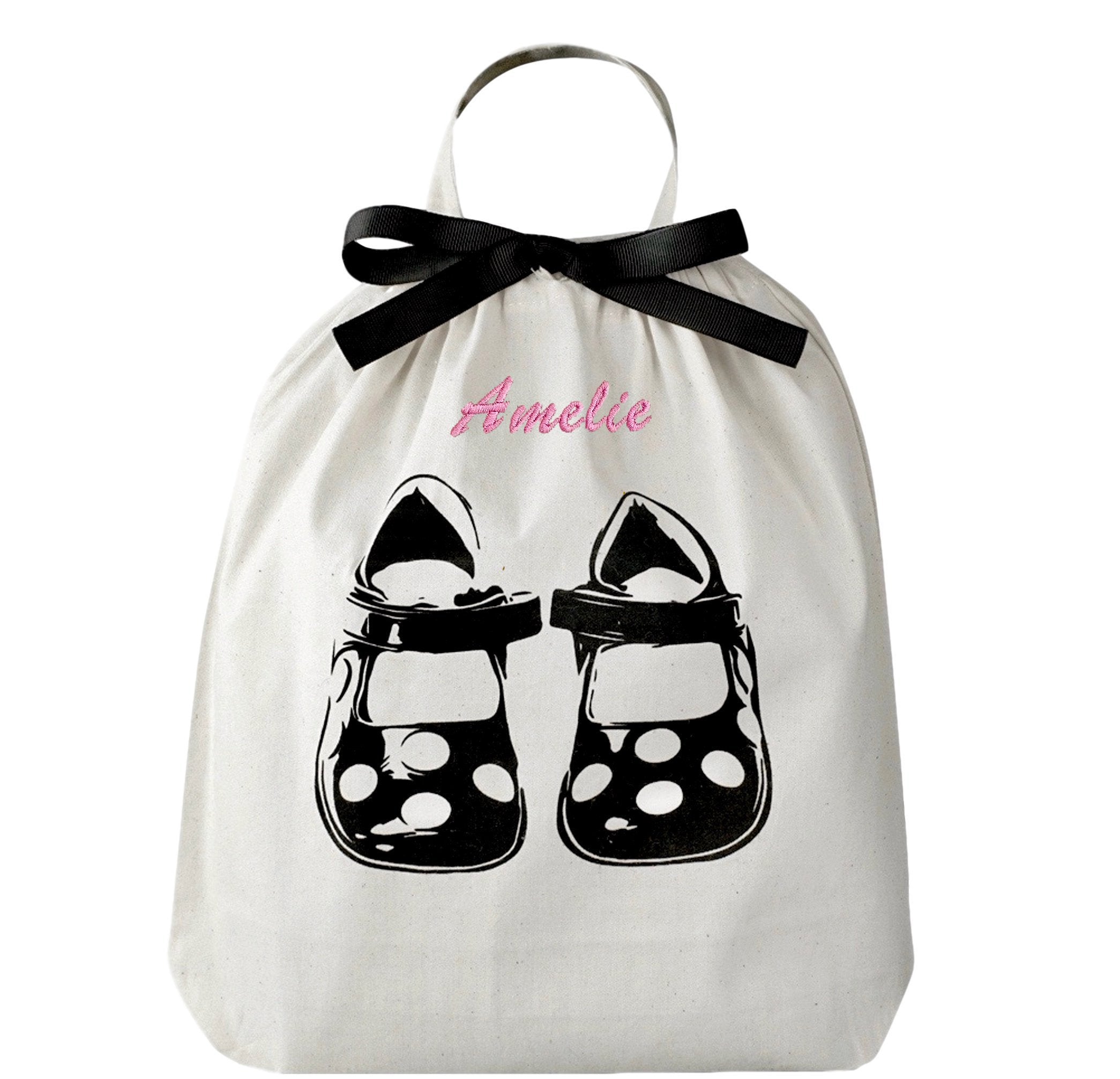 Bag-all Children Shoe Bag in cream with black polka dot shoe design, black ribbon accent and personalized name in pink script - perfect storage solution for kids footwear