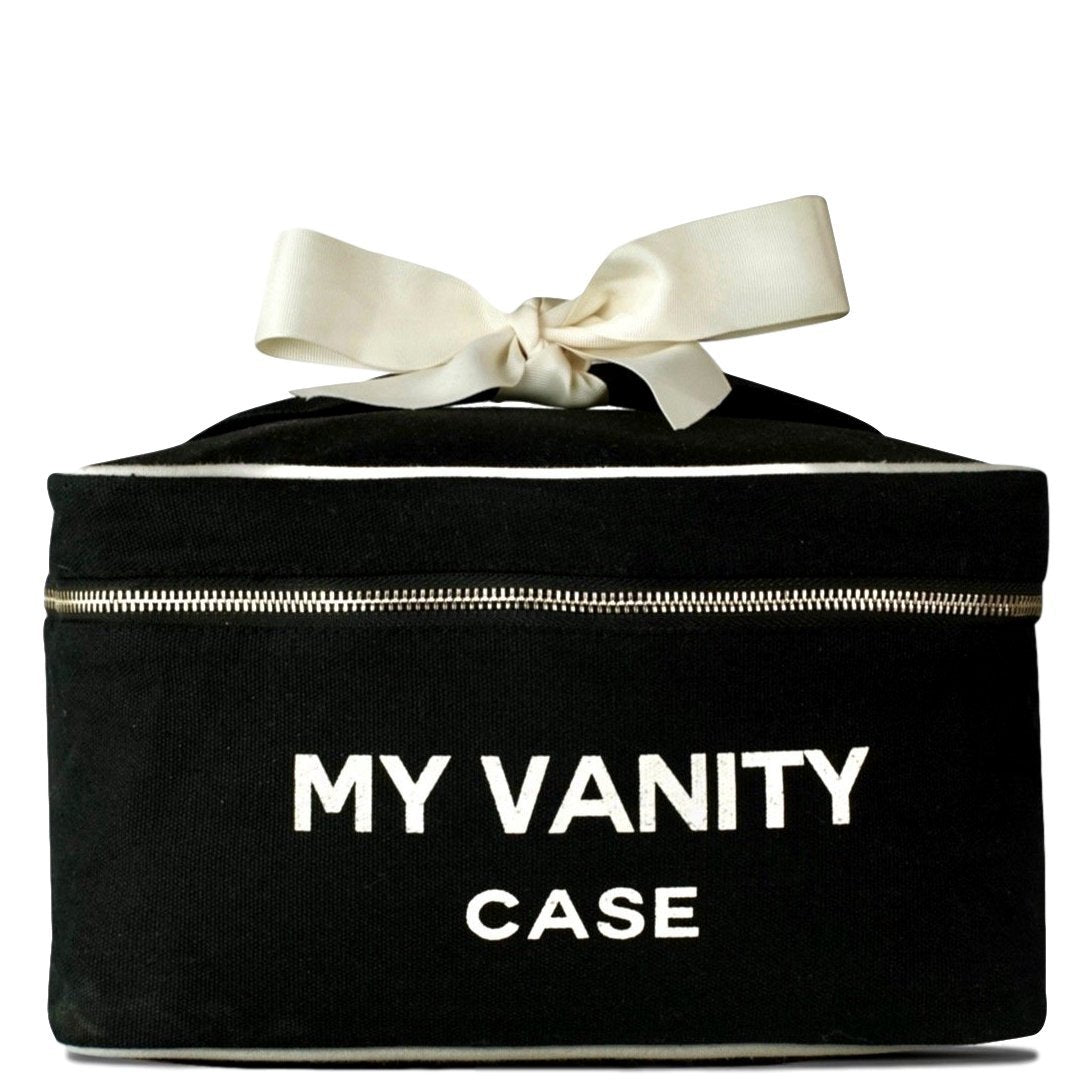 Bag-all My Vanity Large Beauty Box in black canvas with cream ribbon, featuring waterproof lining and silver zipper, perfect for organizing cosmetics and toiletries