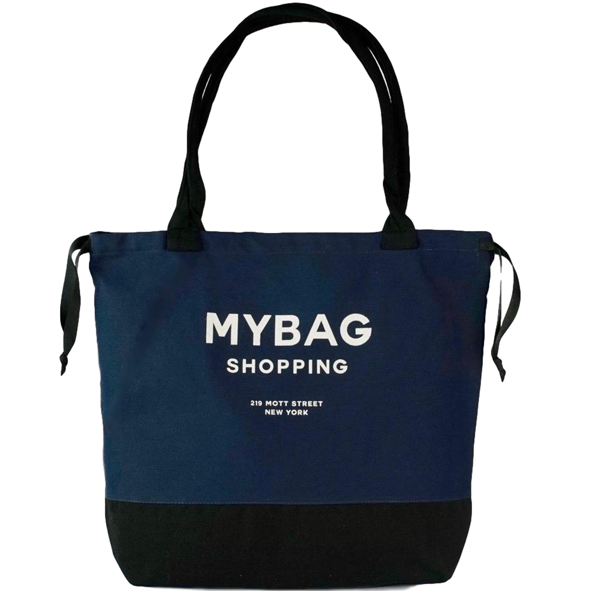 Bag-all World Traveler Tote Bag in navy with beige MY BAG print, padded handles, drawstring closure and interior zip pocket. Stylish two-tone design perfect for daily use.