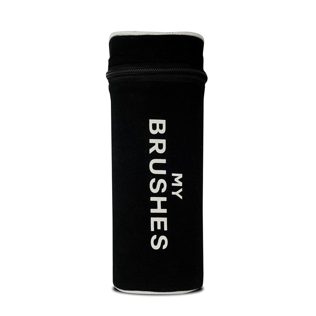 Bag-all My Brushes black cotton organizing case with white text, stylish makeup brush storage holder with zipper closure