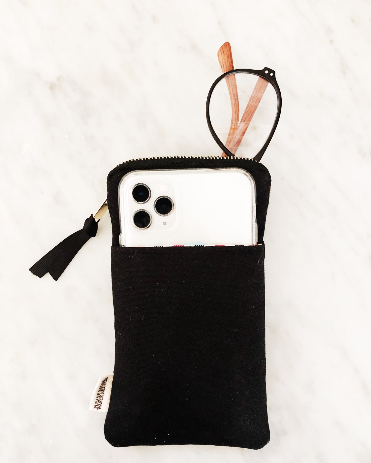 Bag-all My Specs Glasses Case with Outside Pocket in Black - Stylish cotton canvas case with extra storage pocket, zipper closure and eyewear print. Holds glasses and smartphone.