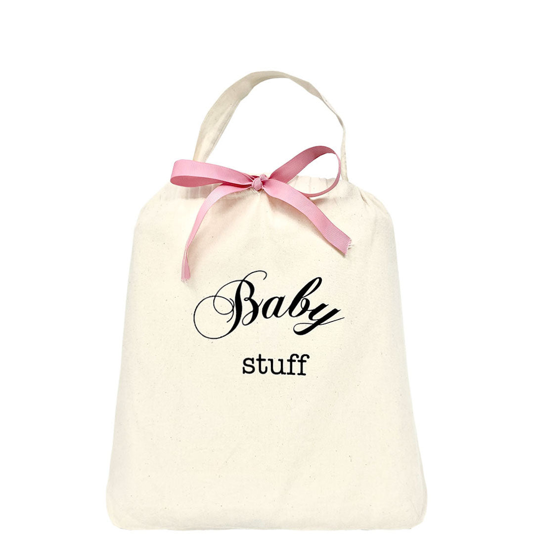 Bag-all Baby Stuff cotton storage bag with pink bow and elegant script text, perfect for organizing infant essentials in eco-friendly style