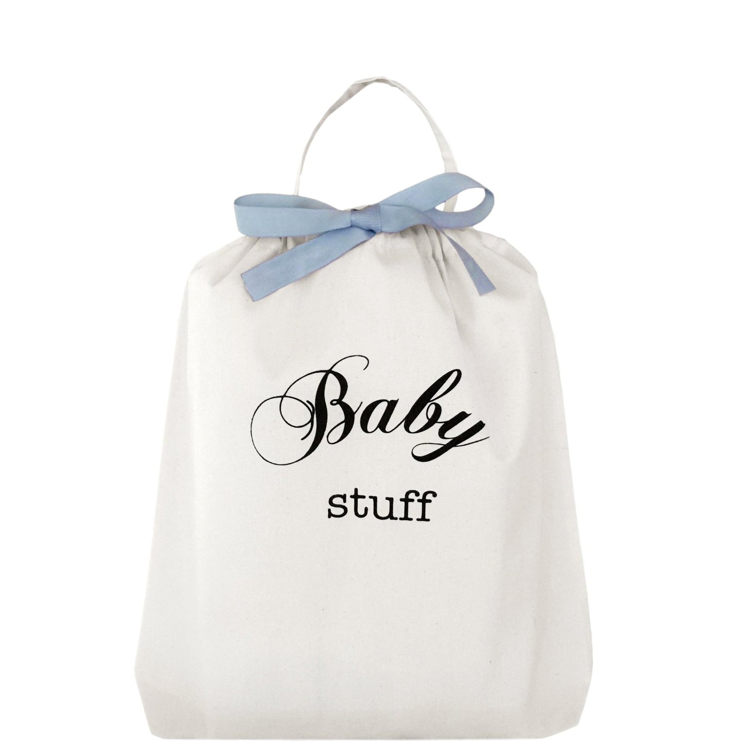 Bag-all Baby Stuff organizing bag in white cotton with blue bow and elegant black script text, perfect for storing baby essentials