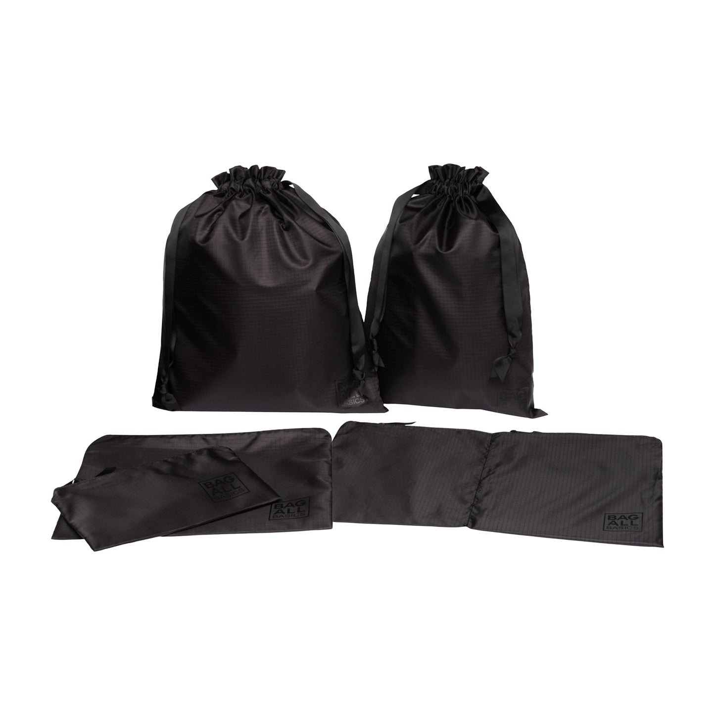 Bag-all recycled nylon packing bags set in black featuring 5 drawstring organizers in various sizes for travel essentials, shoes and laundry - eco-friendly luggage organization solution