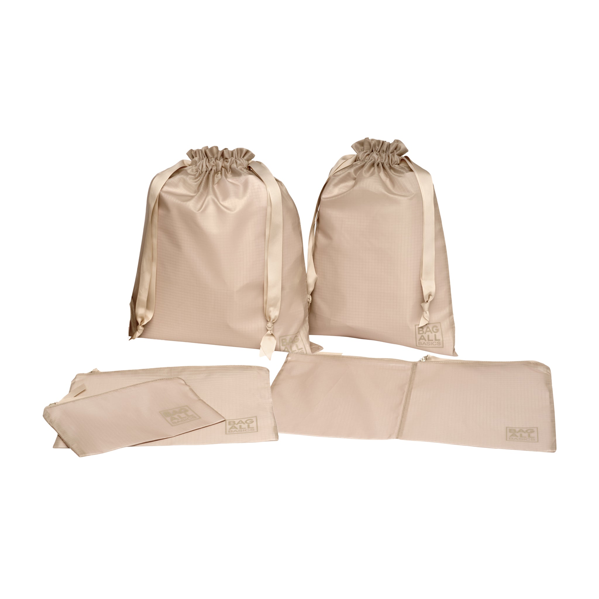 Bag-all Packing Bags Set in recycled nylon, 5 taupe organizing bags with drawstring closure for travel and storage, made from repurposed plastic bottles