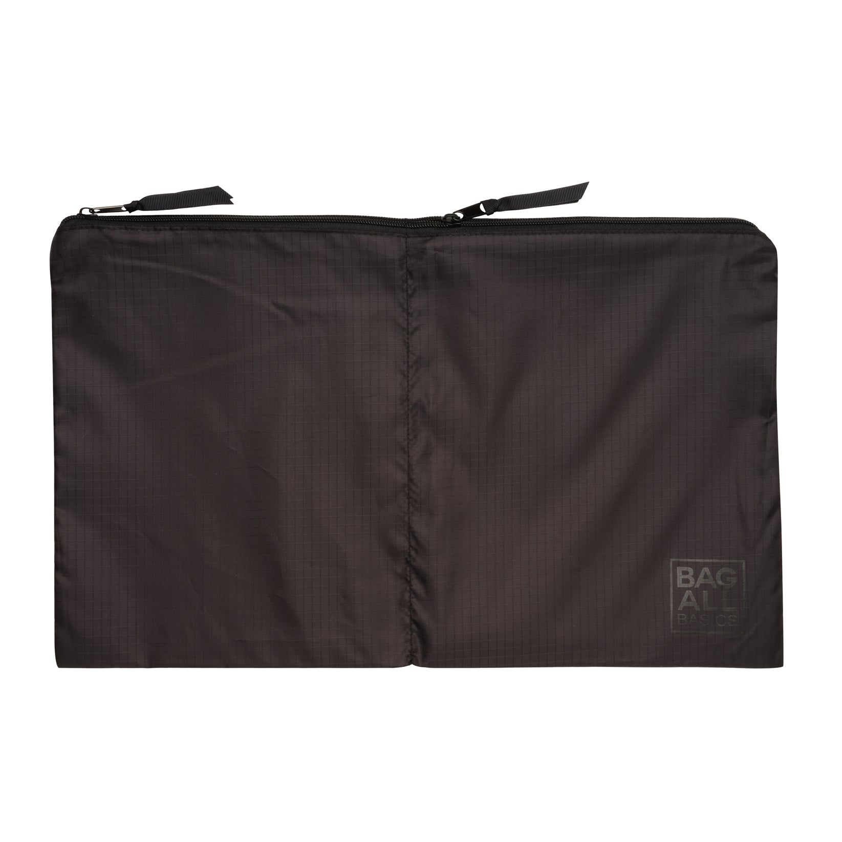 Bag-all Black Recycled Nylon Packing Bag with zippered closure, featuring minimalist design and sustainable construction made from repurposed plastic bottles