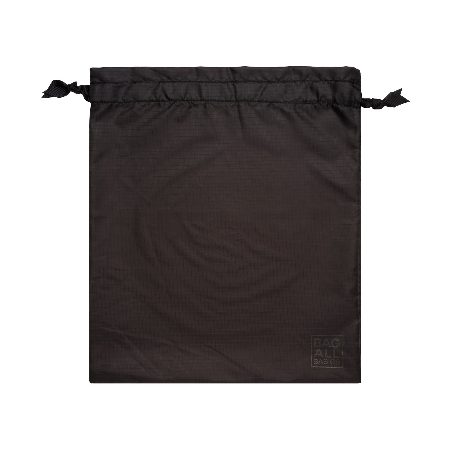 Bag-all Packing Bags Set in recycled nylon, black drawstring organizer bag with eco-friendly label, part of 5-pack travel organization system made from repurposed plastic bottles