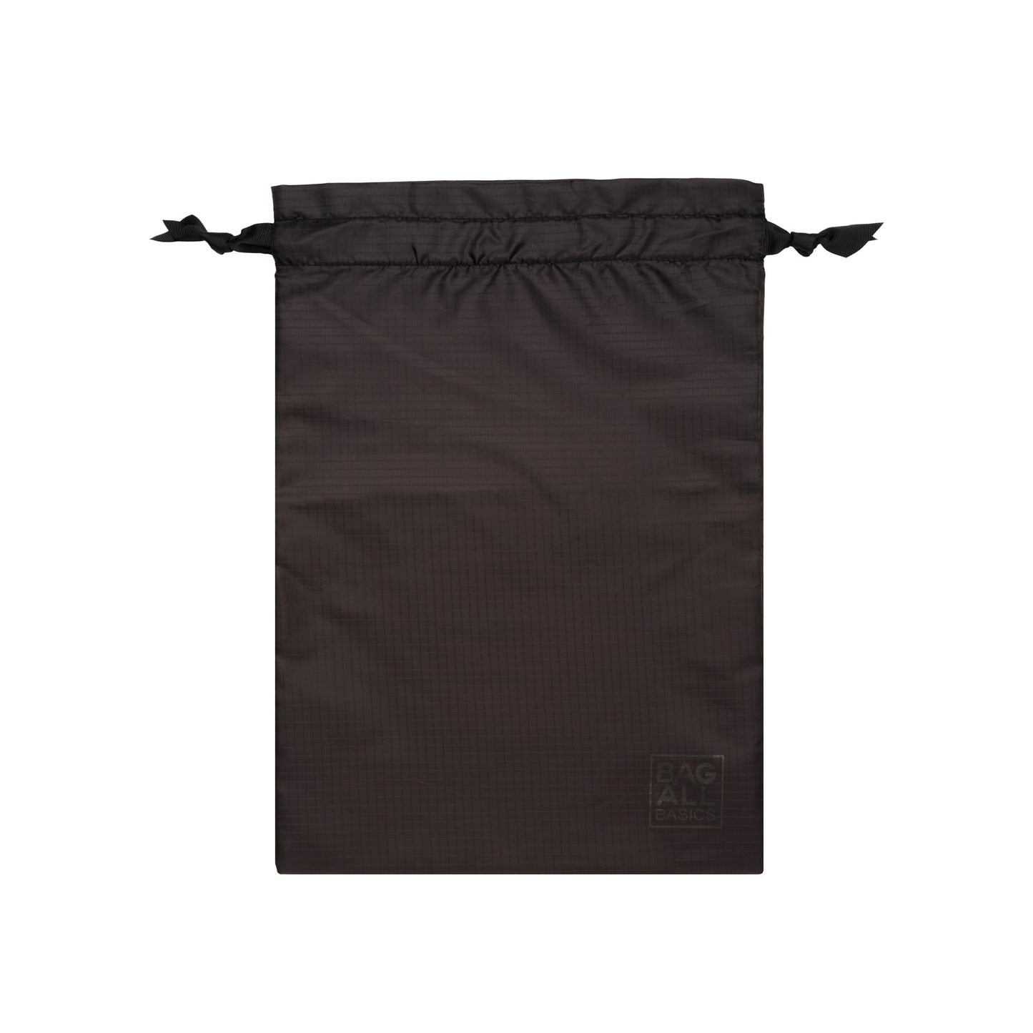 Bag-all Packing Bags Set in recycled black nylon drawstring bag with logo, eco-friendly travel organizer made from repurposed plastic bottles