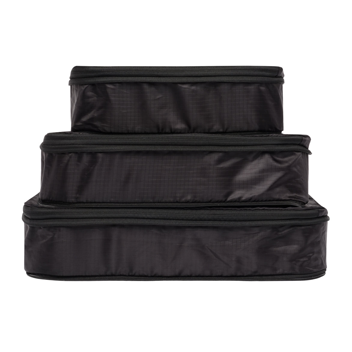Bag-all recycled nylon compression packing cubes in black, set of 3 sizes, featuring durable ripstop material and space-saving zip design for efficient travel organization