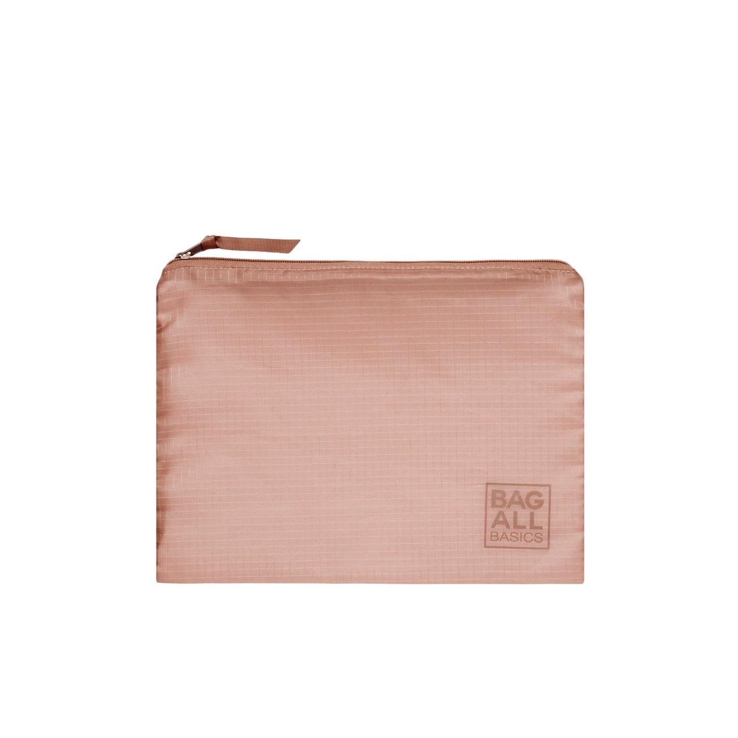 Bag-all recycled nylon packing bag in blush pink with zipper closure, part of 5-pack organizing set, featuring subtle ripstop texture and embossed logo