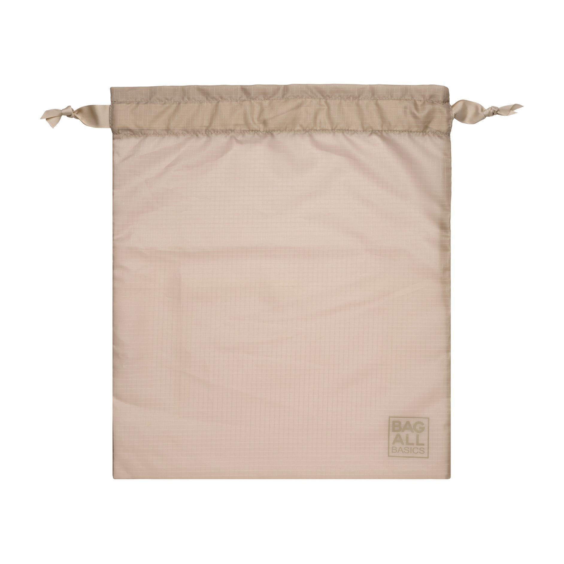 Bag-all Packing Bags Set in recycled nylon, featuring eco-friendly taupe drawstring storage bag with reinforced stitching and brand logo, part of 5-pack organizing solution