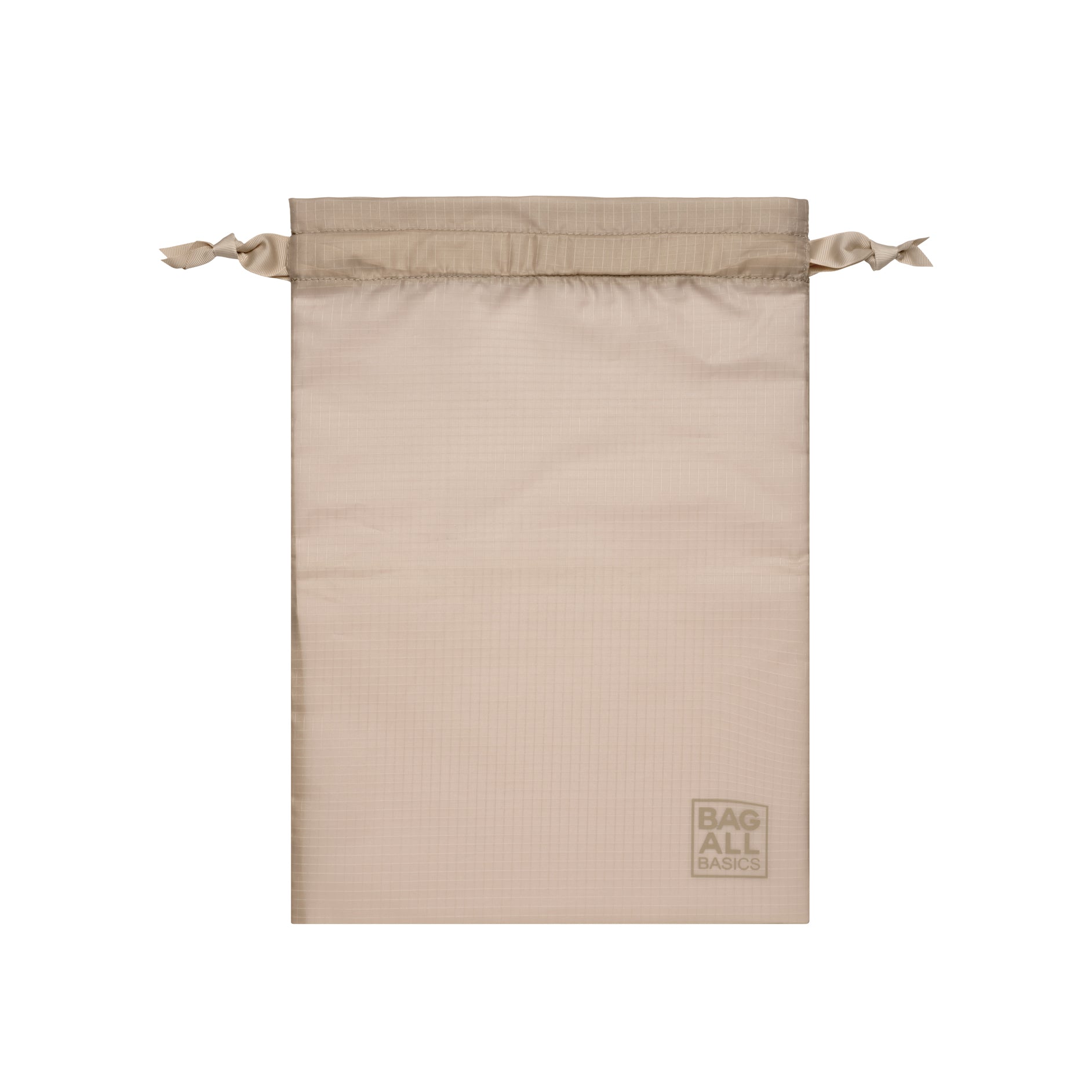 Bag-all recycled nylon packing bag in taupe with drawstring closure, part of 5-pack organizing set, featuring eco-friendly material and minimalist design