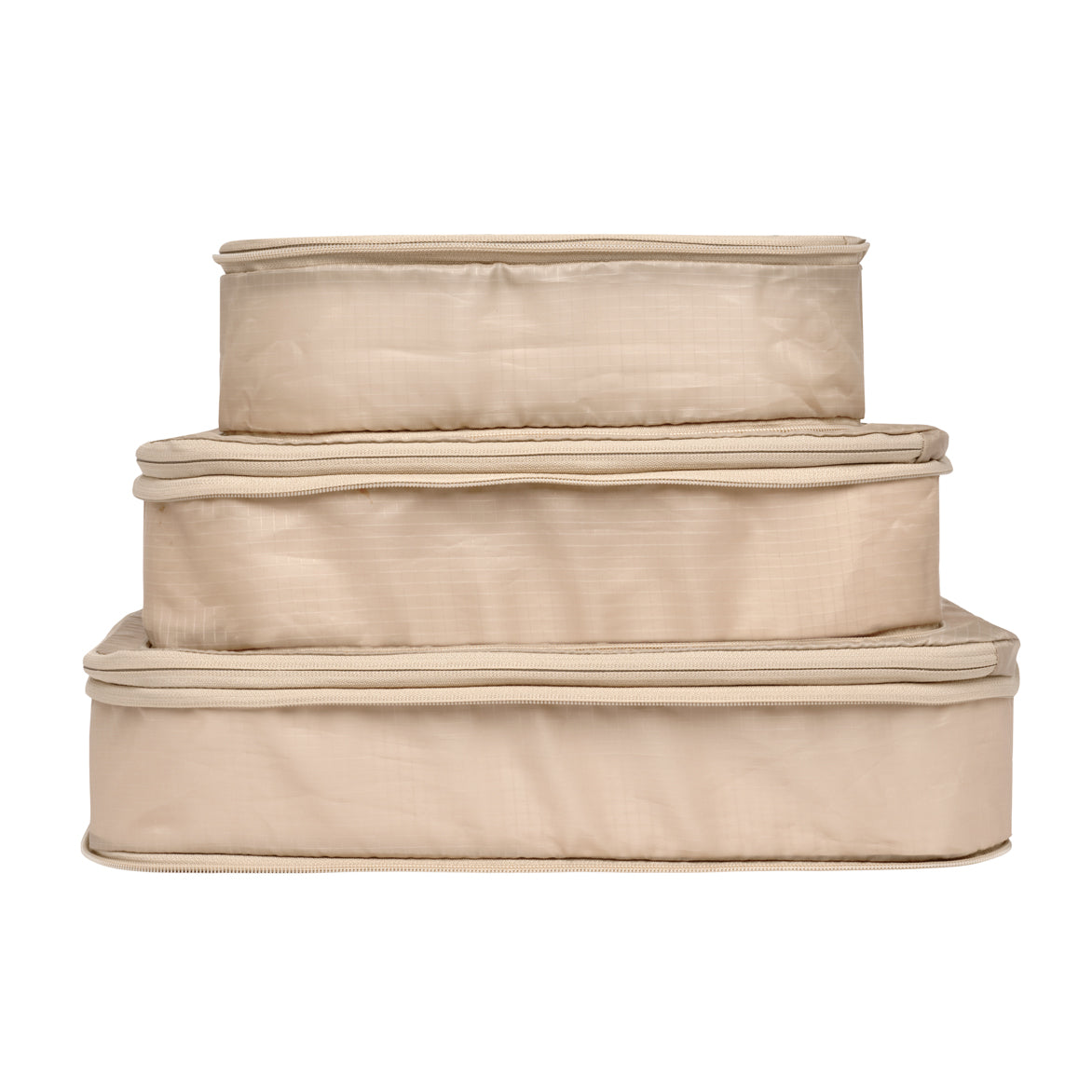 Bag-all recycled nylon compression packing cubes in taupe, stacked set of 3 eco-friendly travel organizers with reinforced stitching and zip closure