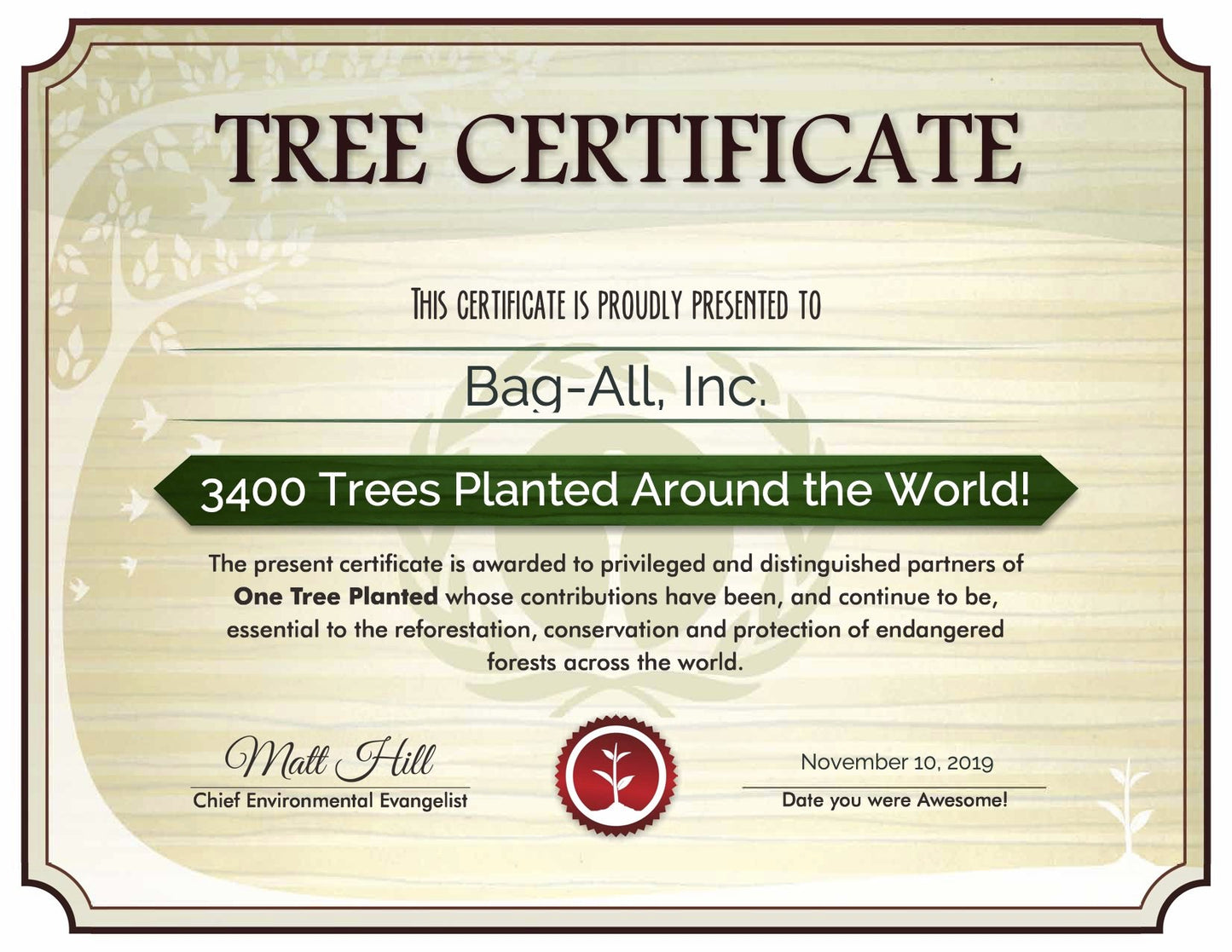 Bag-all Plant a Tree certificate showing 3400 trees planted worldwide through OneTreePlanted partnership, sustainable reforestation initiative for endangered forests