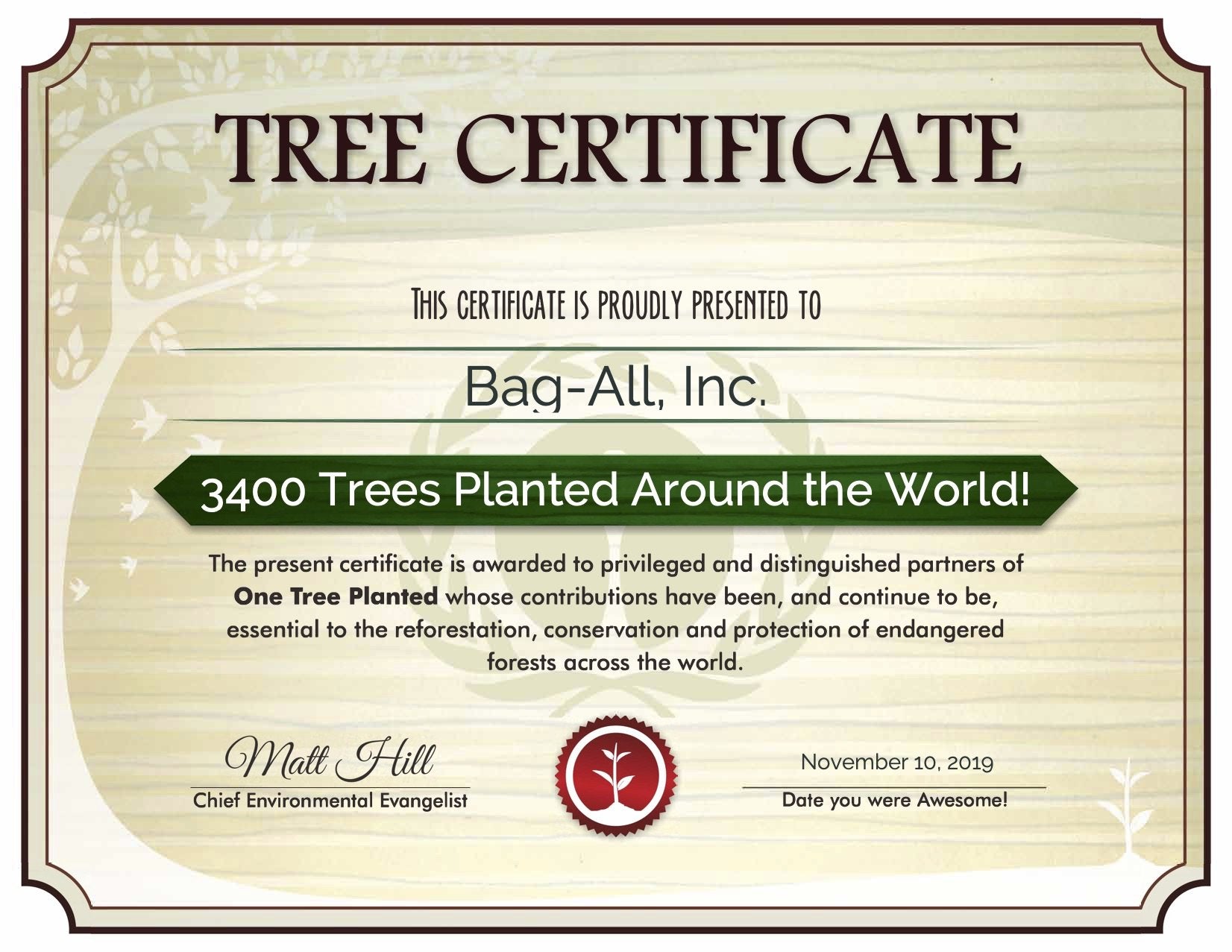 Bag-all Plant a Tree certificate showing 3400 trees planted worldwide through OneTreePlanted partnership, sustainable reforestation initiative for endangered forests
