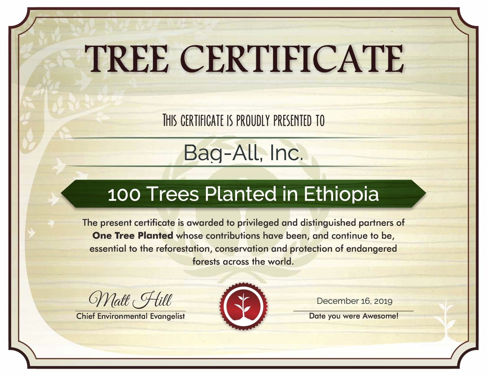 Plant a Tree: Bag-all sustainability certificate showing 100 trees planted in Ethiopia through OneTreePlanted partnership for environmental conservation and reforestation efforts