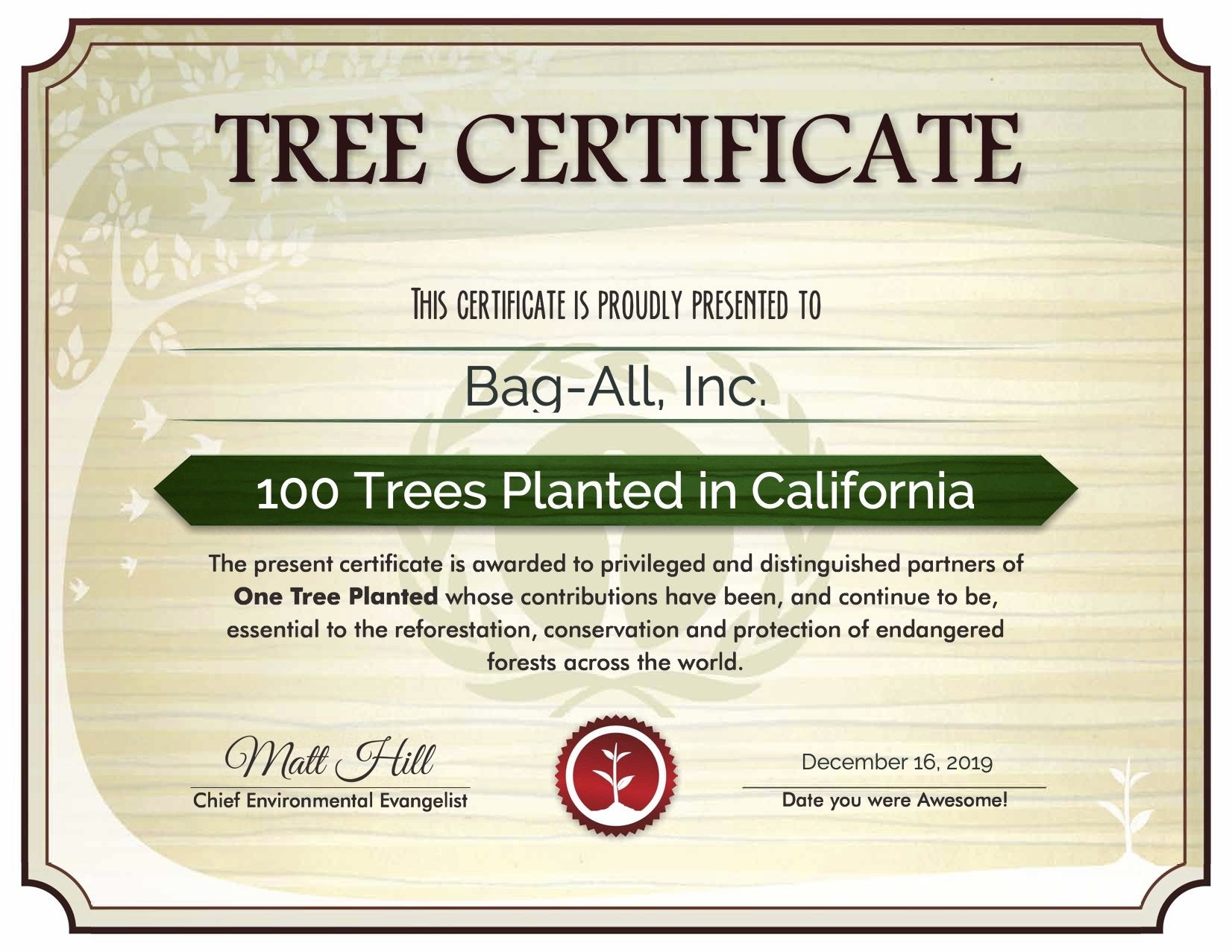 Bag-all Plant a Tree certificate showing 100 trees planted in California through OneTreePlanted.org, supporting reforestation and environmental conservation efforts
