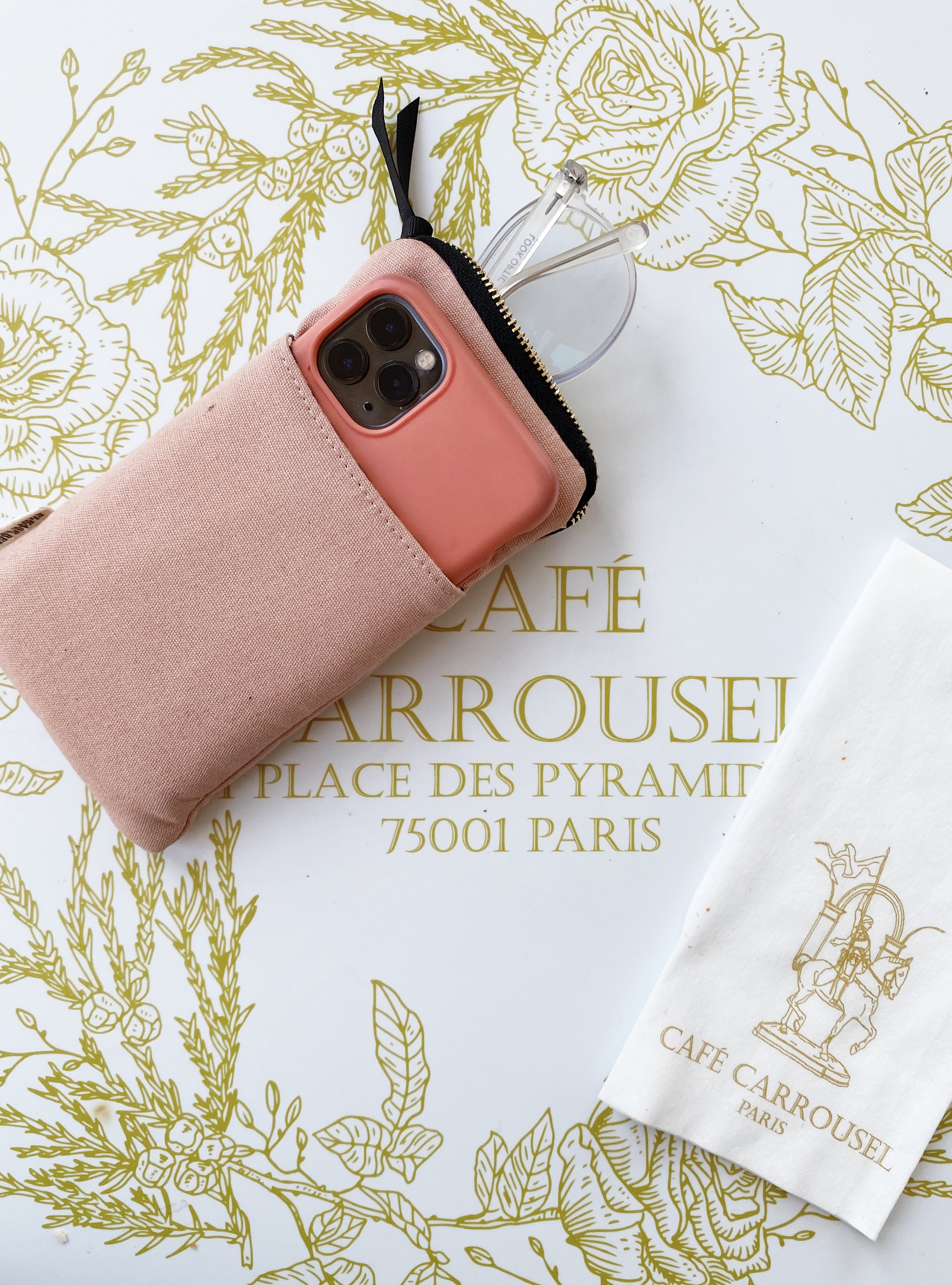 Bag-all My Specs Glasses Case in blush pink with exterior pocket, featuring gold zipper closure and cotton fabric. Perfect for storing glasses and small phones. Style meets functionality.