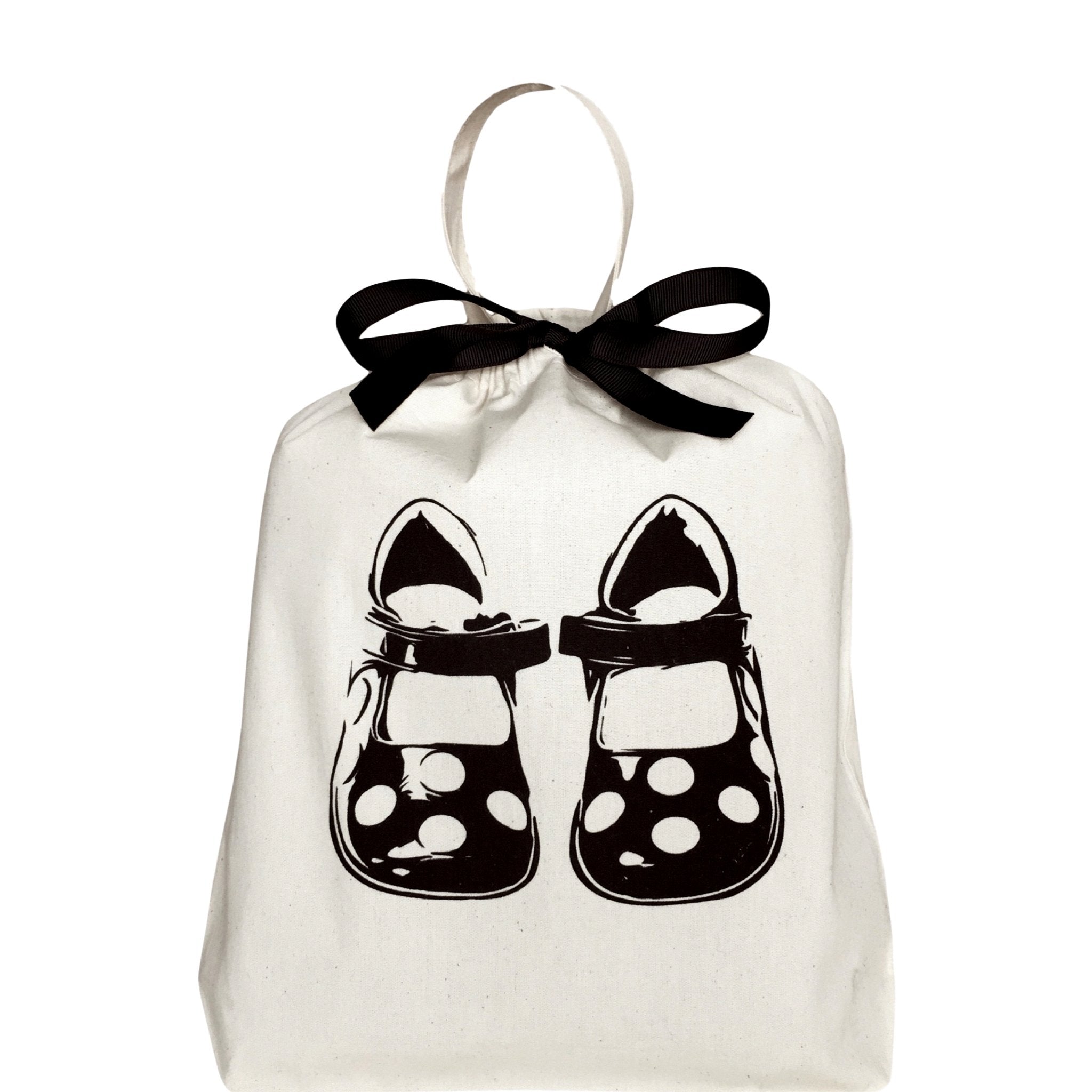 Bag-all Children Shoe Bag in cream cotton featuring black polka dot shoe print and decorative bow, perfect for organizing kids' footwear and travel storage